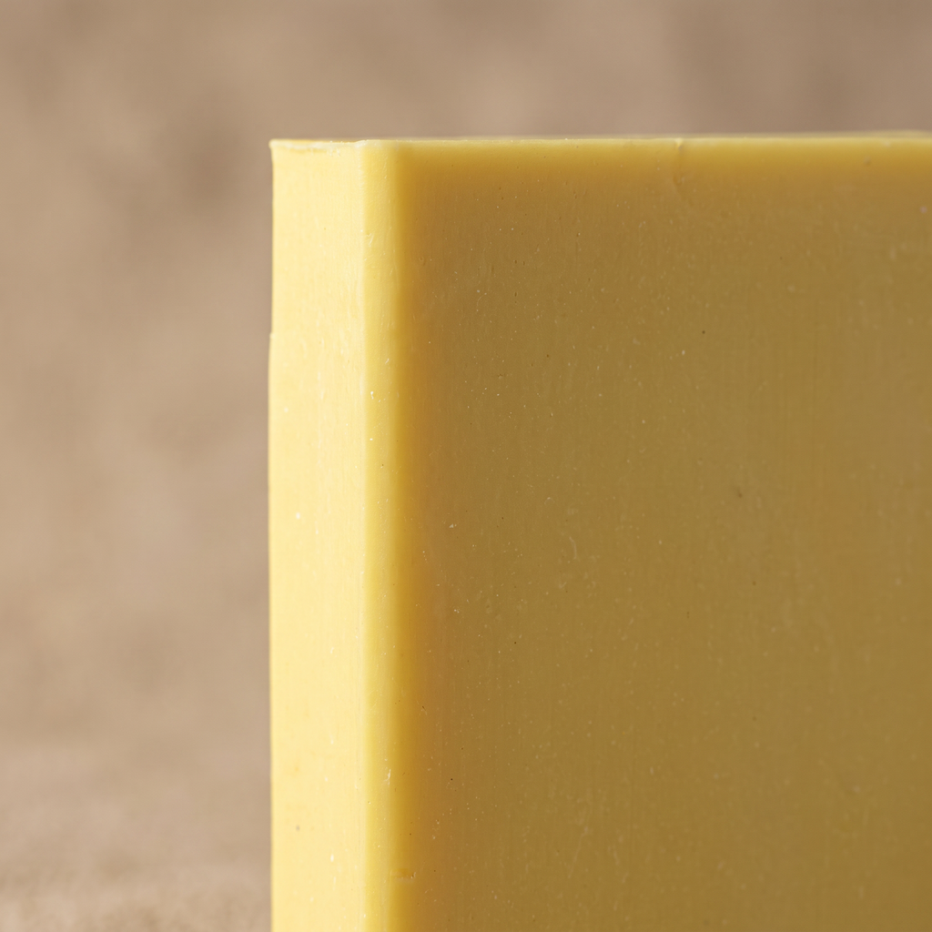 Macro close-up of the cut surface and hand-cut edge of Sulfur Soap Bar