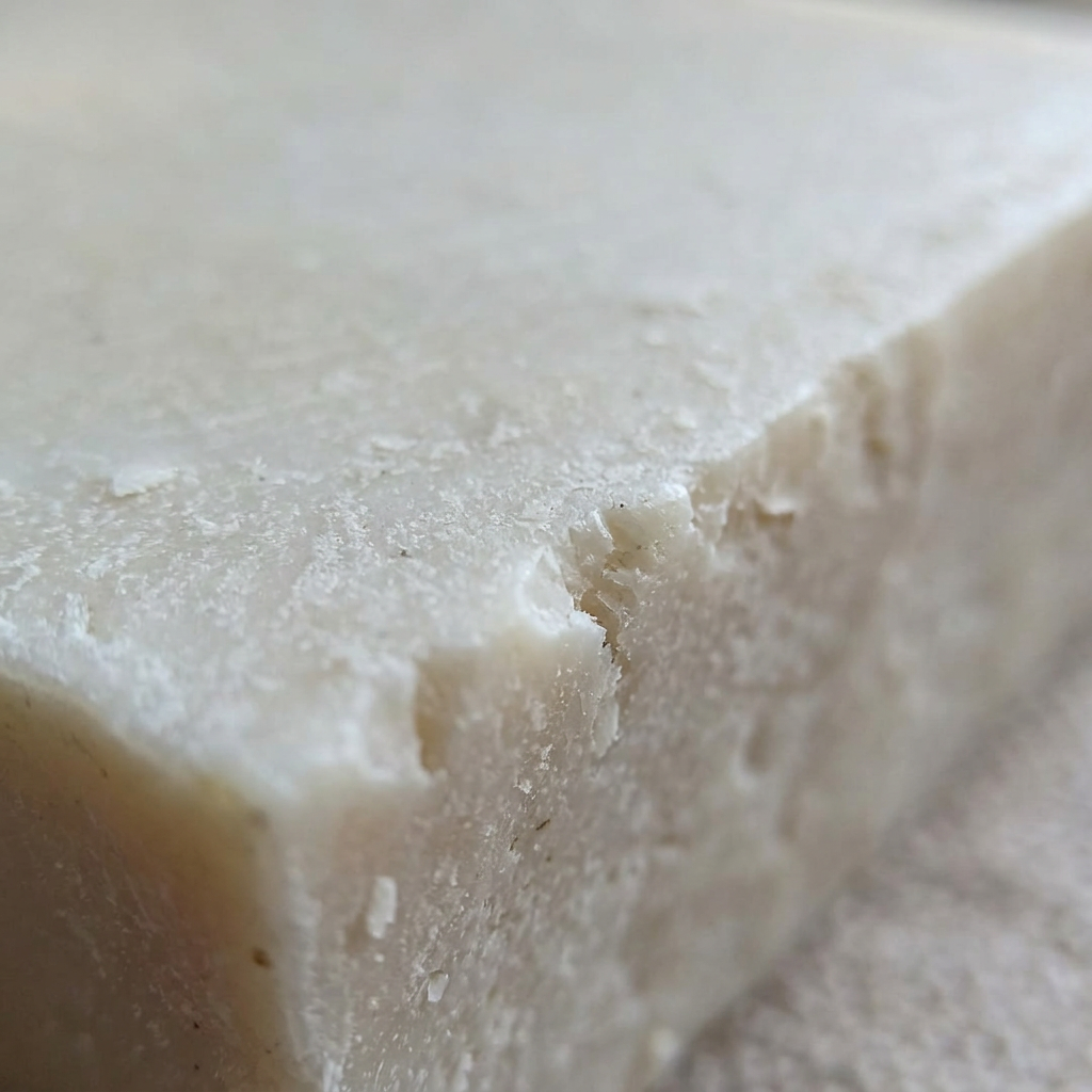 Macro close-up of the goat milk soap's rough hand-cut edge and pale, milk-white texture.