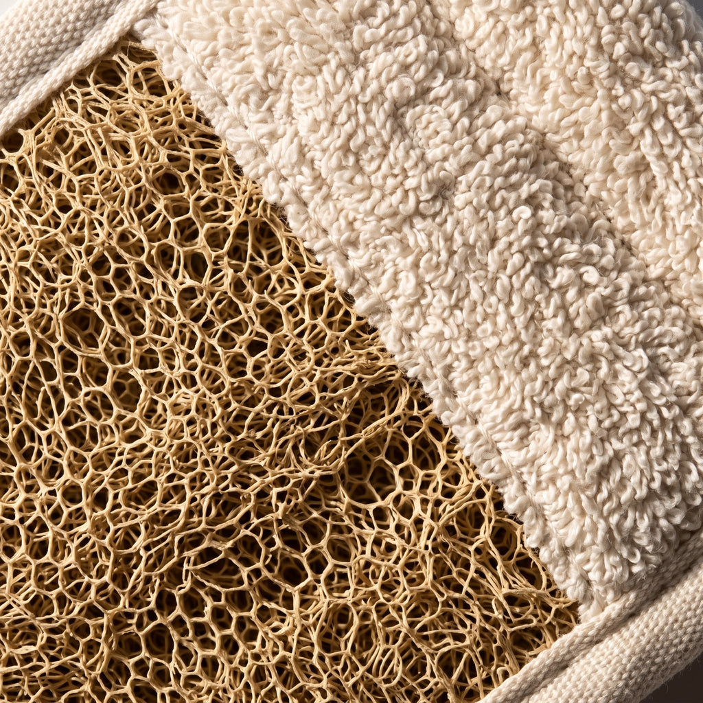Macro detail of the Avlia back strap where the open tan luffa fibre meets the soft cream cotton terry section on the same working face