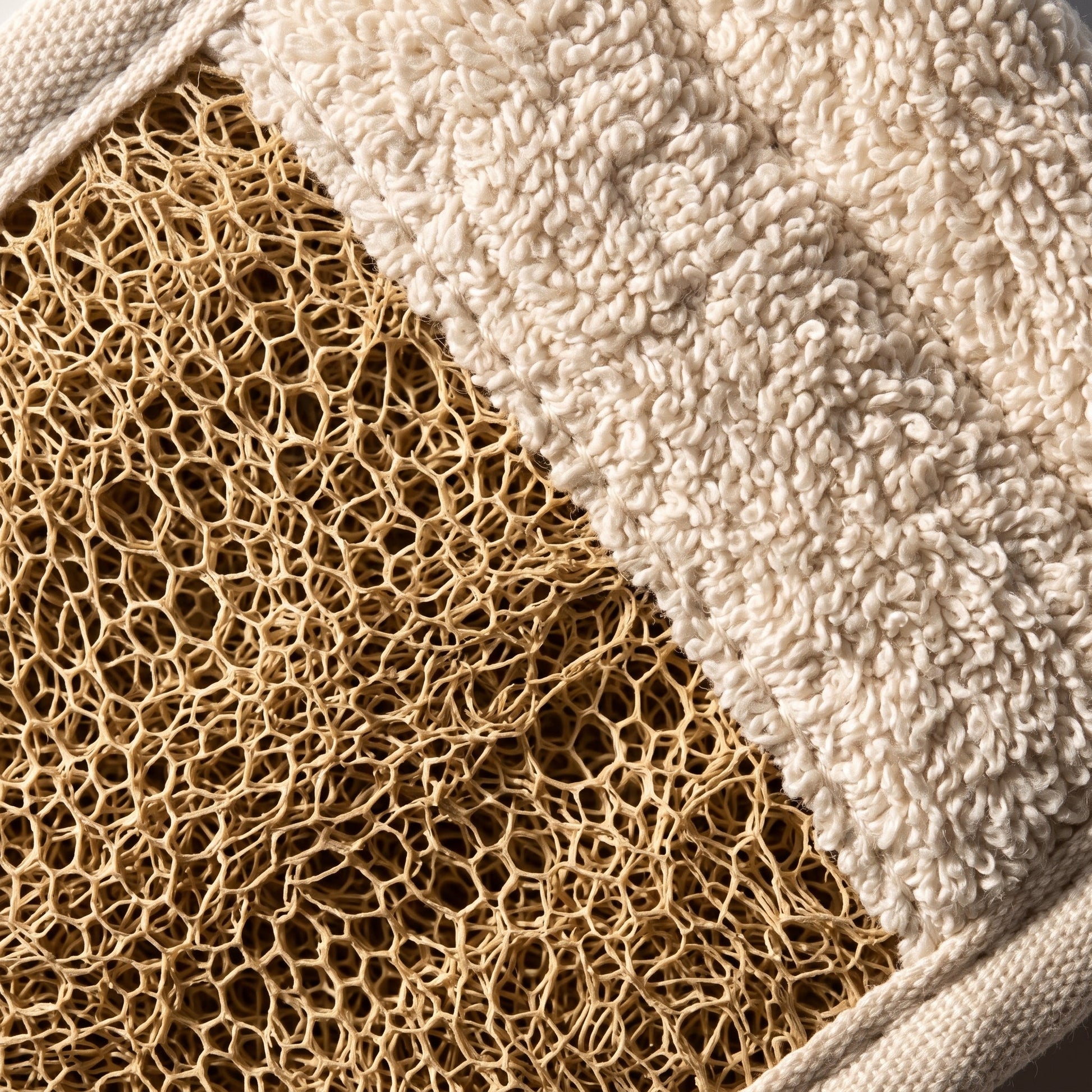 Macro detail of the Avlia back strap where the open tan luffa fibre meets the soft cream cotton terry section on the same working face