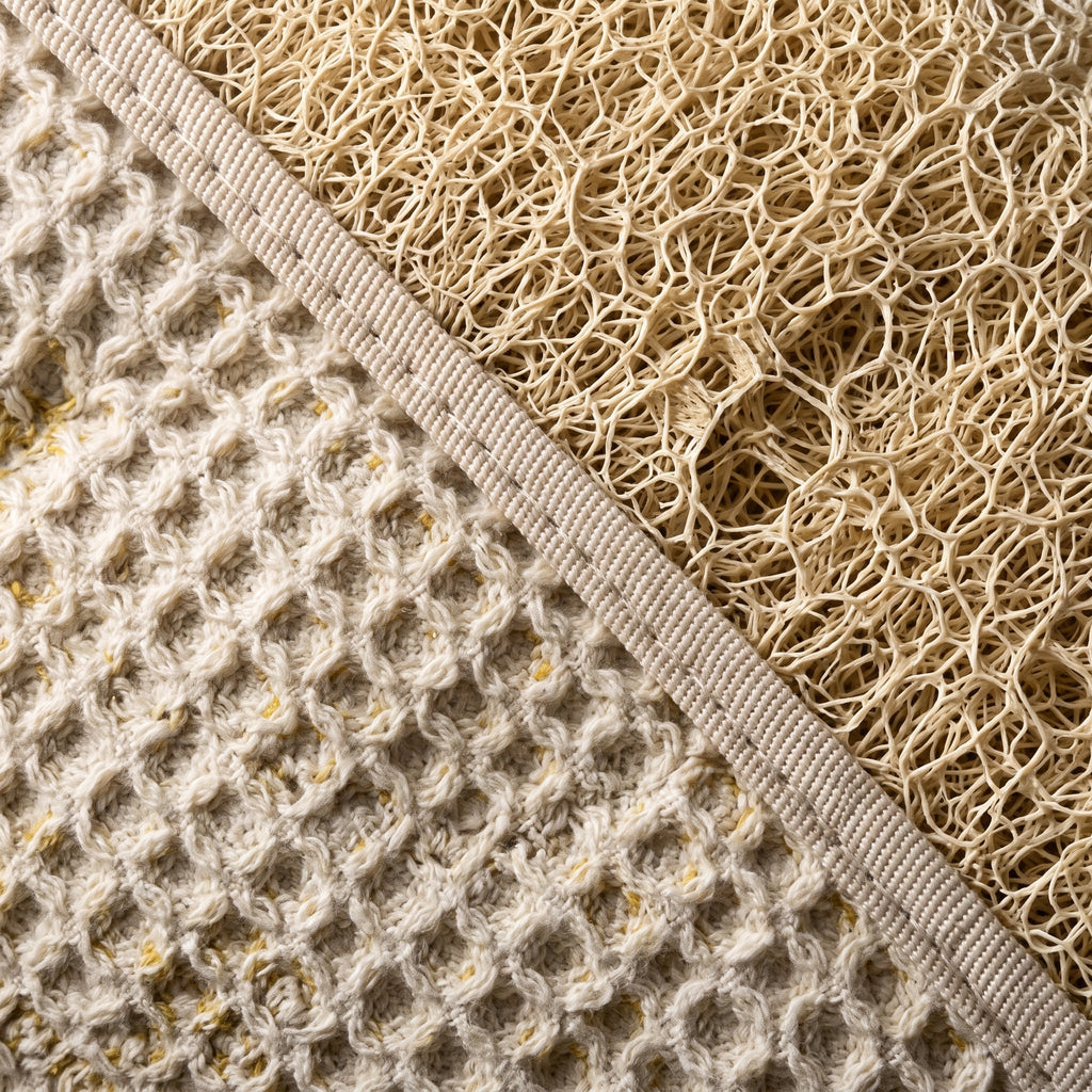 Macro of the Avlia back strap at the seam where cream waffle-knit cotton meets the pale tan loofah panel, two textures on one face