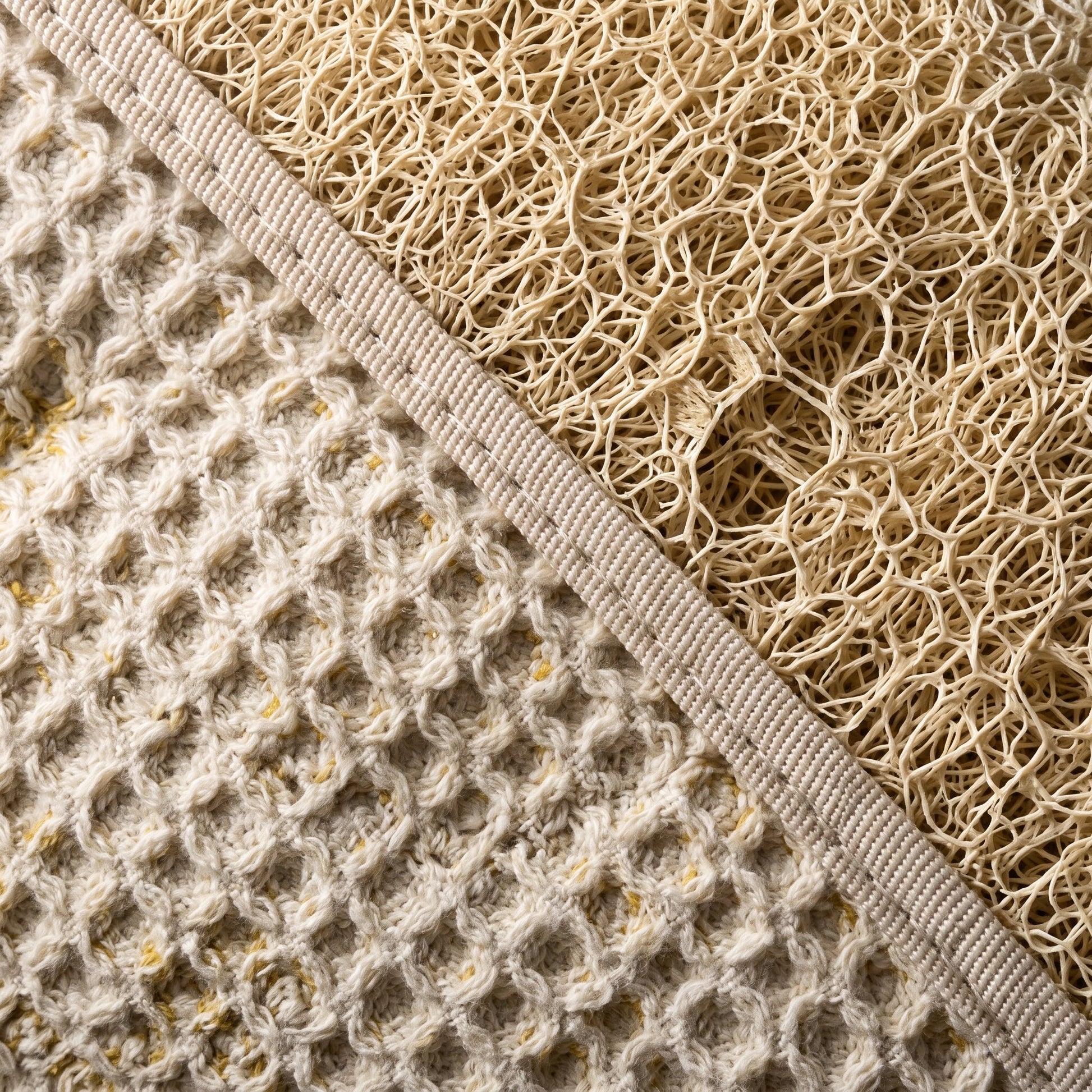 Macro of the Avlia back strap at the seam where cream waffle-knit cotton meets the pale tan loofah panel, two textures on one face