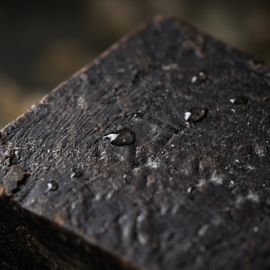 Macro detail of Avlia Pine, Juniper Tar & Sulfur Soap Bar showing hand-cut texture and mineral flecks — authentic small-batch tar soap