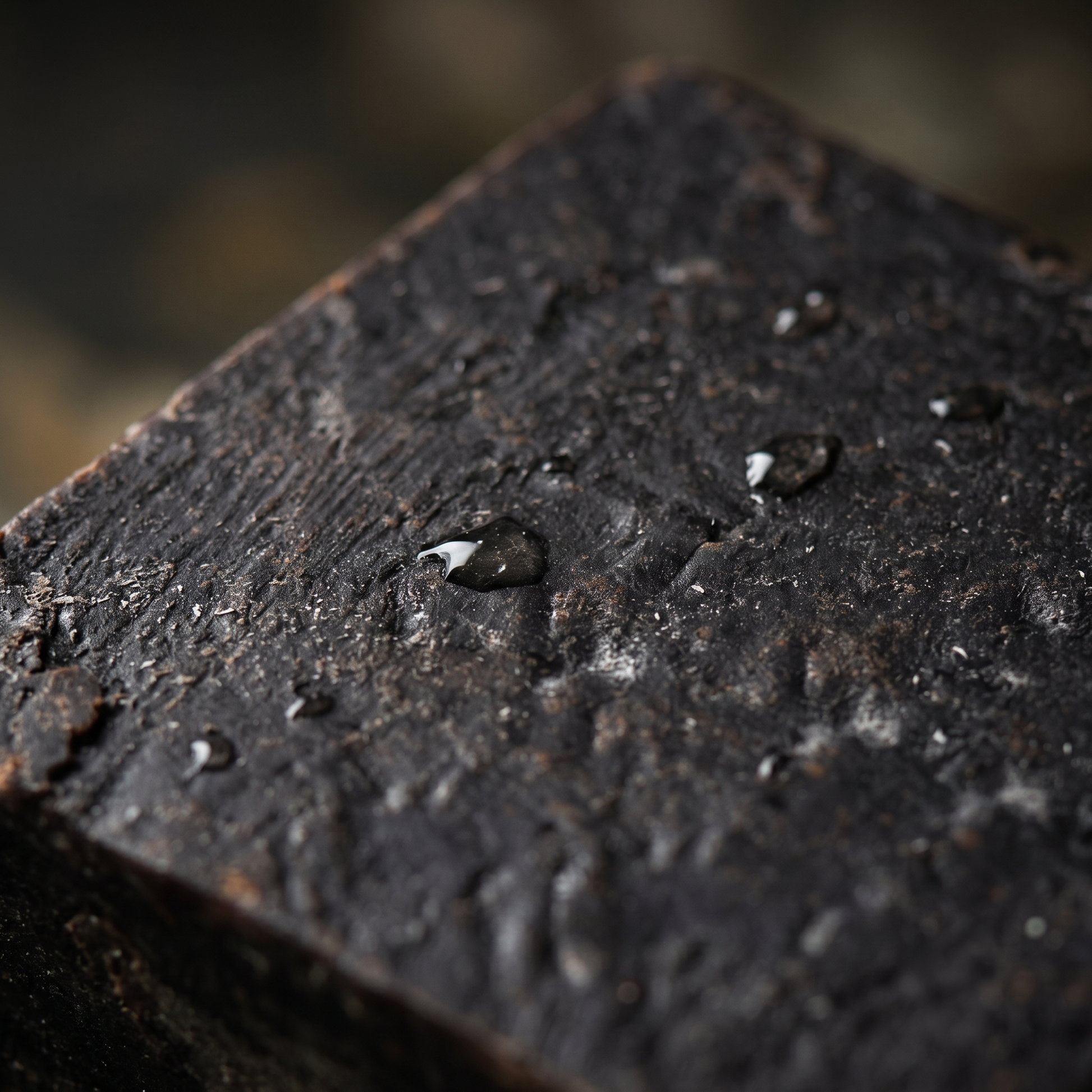 Macro detail of Avlia Pine, Juniper Tar & Sulfur Soap Bar showing hand-cut texture and mineral flecks — authentic small-batch tar soap