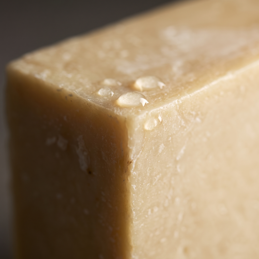 Macro detail of Avlia Turkish Hammam Soap — hand-cut edge and natural marbled texture of the ivory olive oil soap with water drops