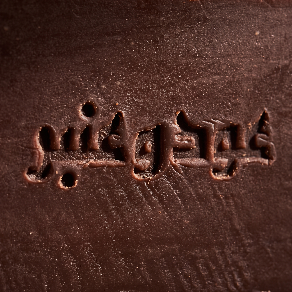 Macro detail of the Arabic «Oud wa Anbar» stamp engraved on Avlia's chocolate-brown oriental soap — handcrafted authenticity up close