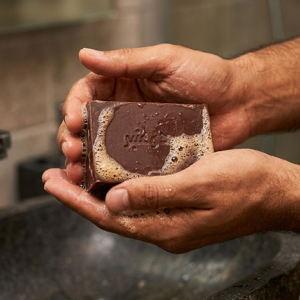 Man's hands lathering Avlia Oud & Anbar soap into rich creamy foam — perfumed natural soap for body with warm oriental scent