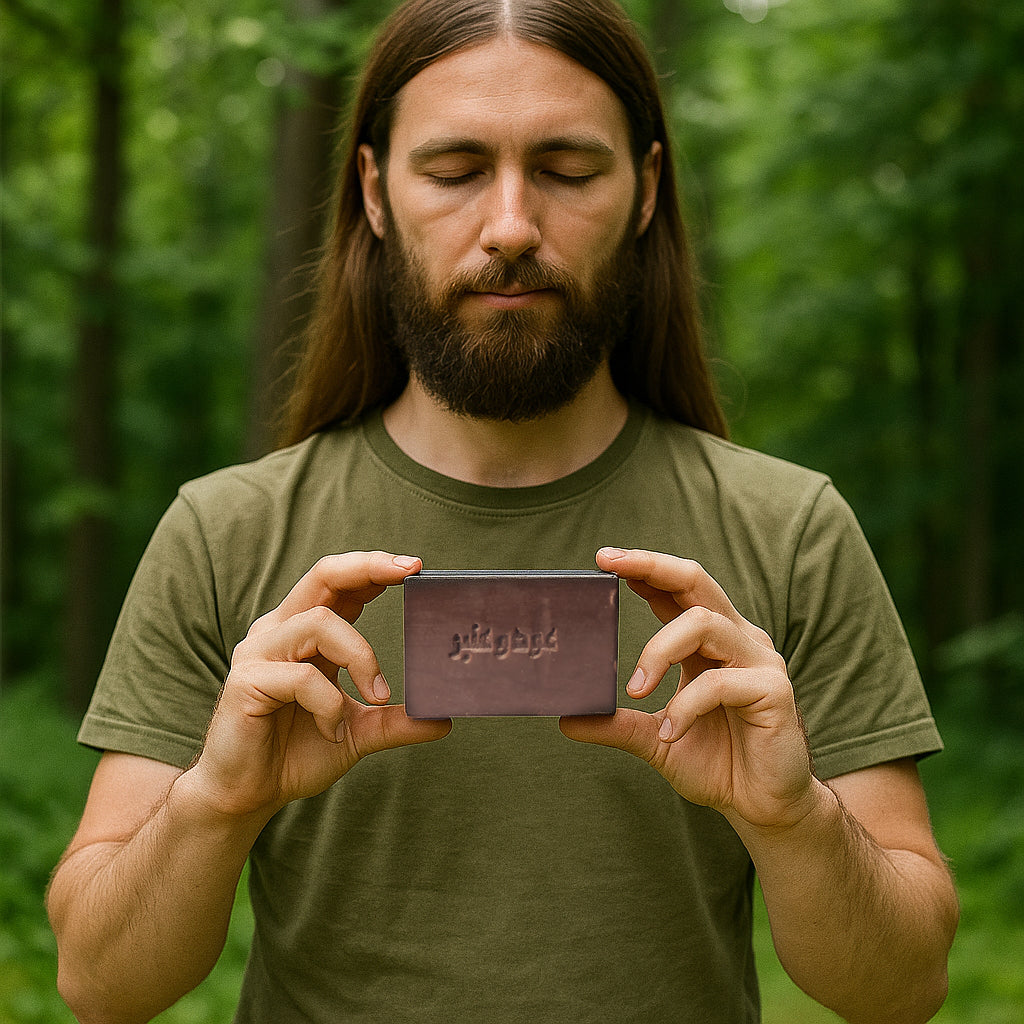 Man holds Avlia Oud Amber Olive Oil Soap Bar