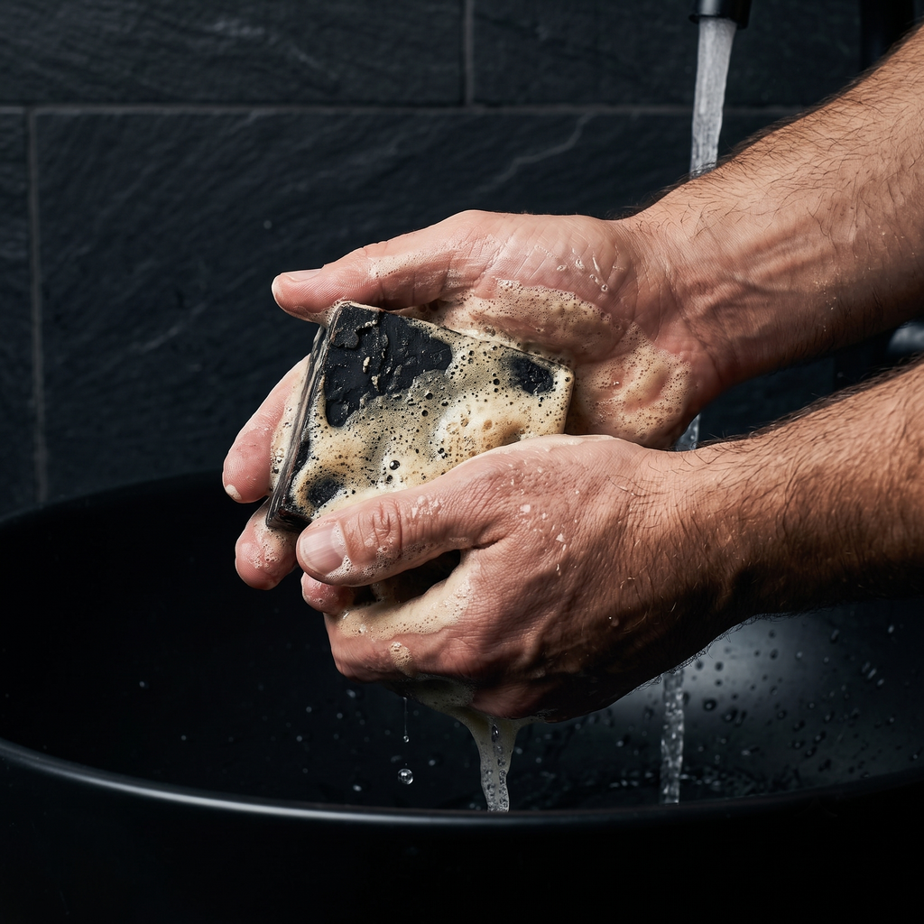 Man lathering Avlia Pine, Juniper Tar & Sulfur Soap Bar into rich foam over a black basin — men's grooming natural sulfur soap bar
