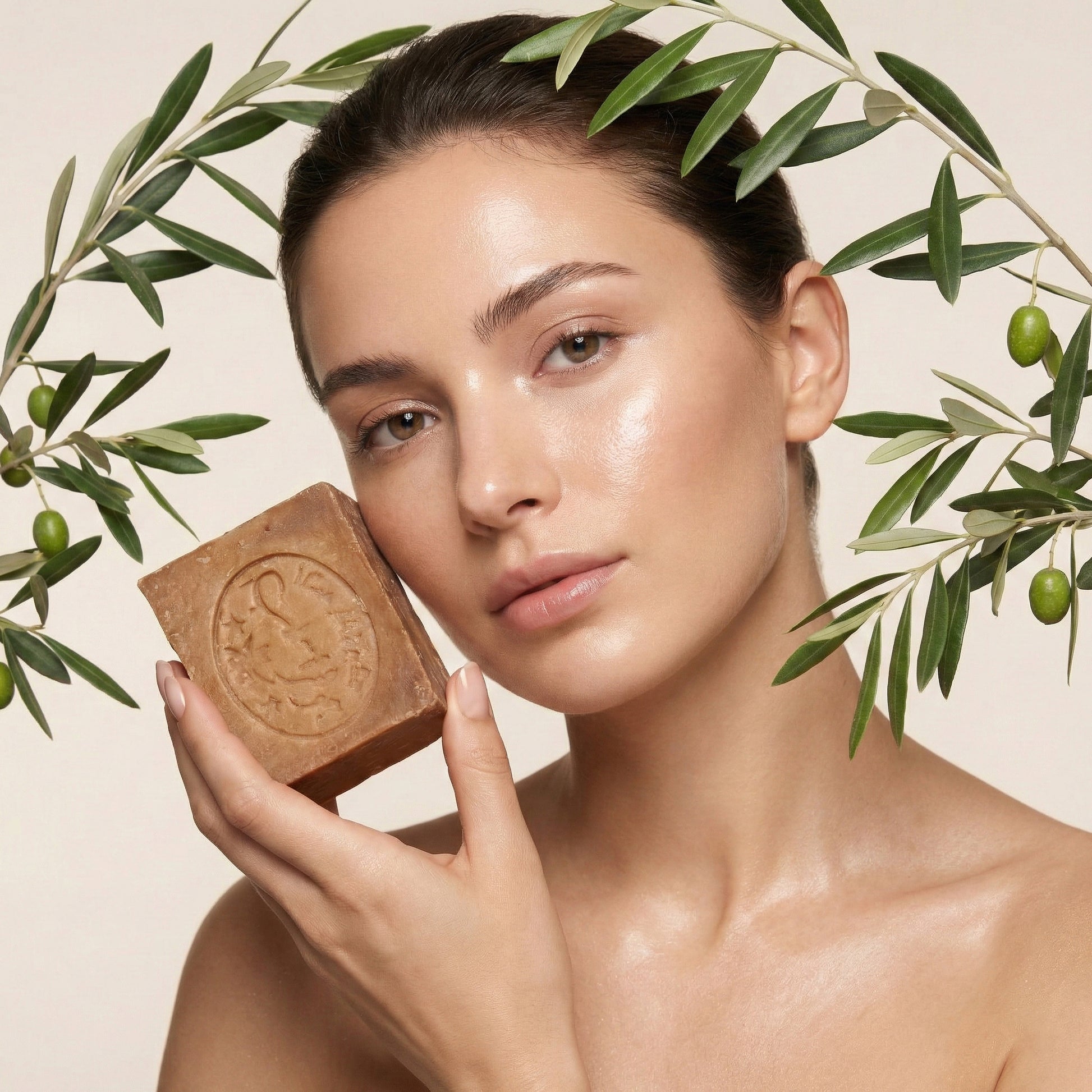 Model with glowing skin holding Avlia Aleppo soap bar framed by olive branches