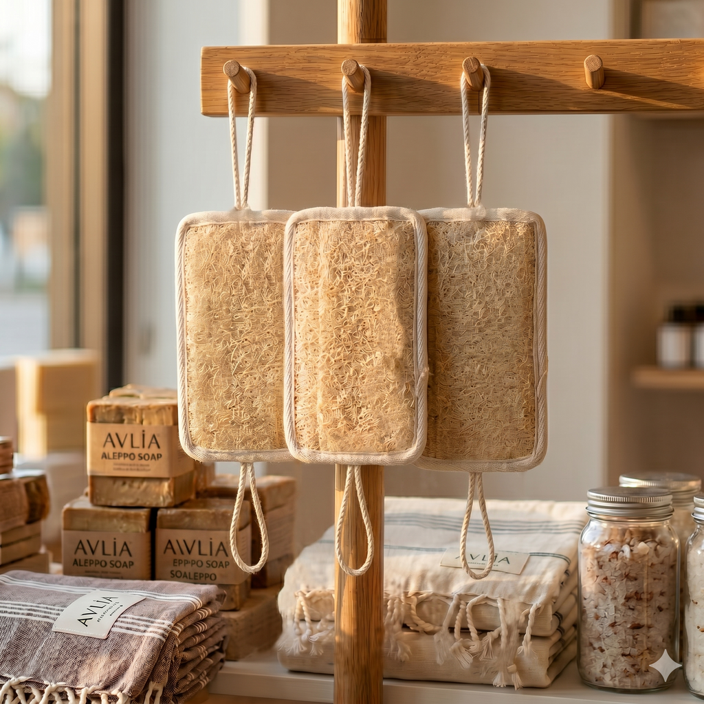 Multiple Avlia loofah back scrubbers hanging by cotton cord straps on wooden peg rack, eco-store retail display
