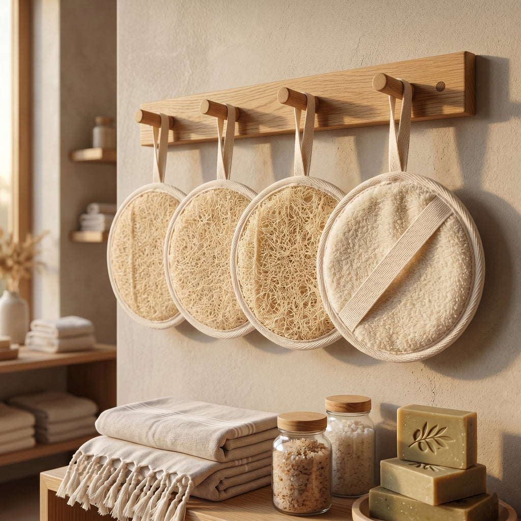 Multiple round natural loofah pads hanging on wooden peg rack in minimalist eco-store retail display