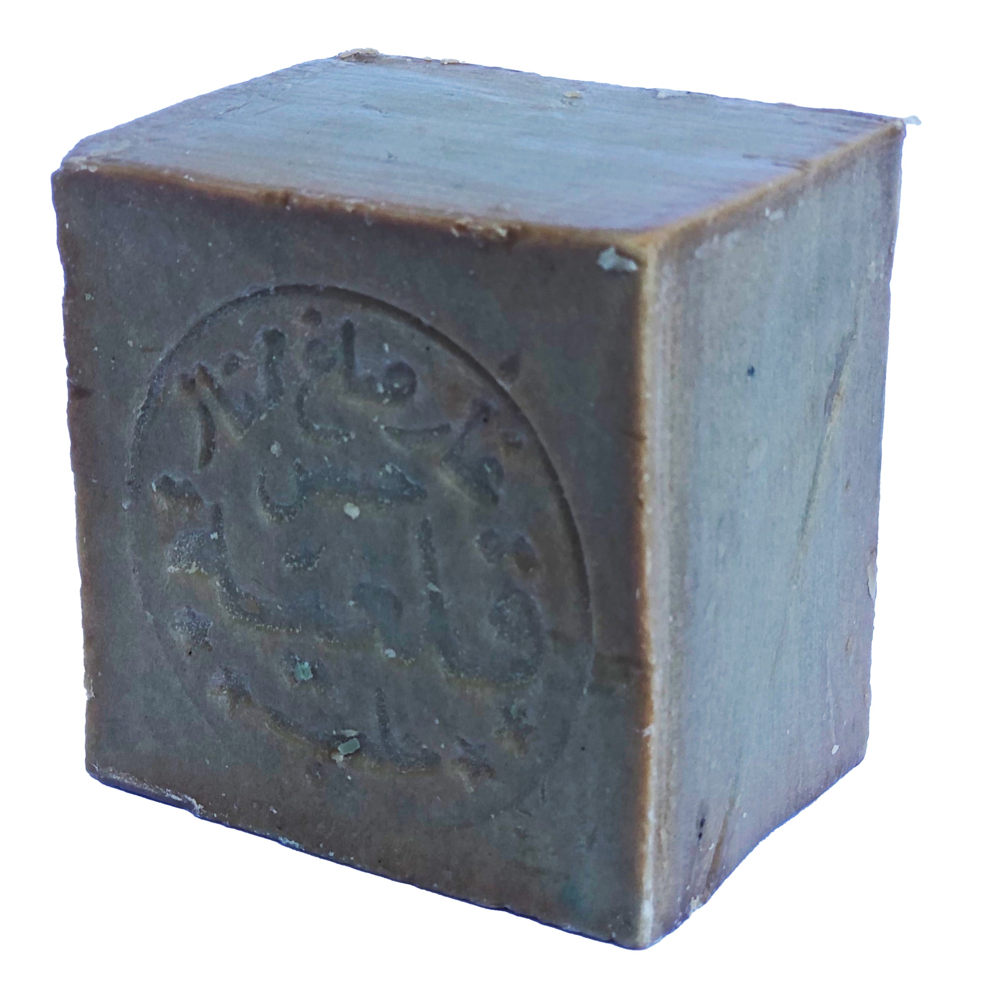 Cube-shaped bar of soap with a brand logo on a white background