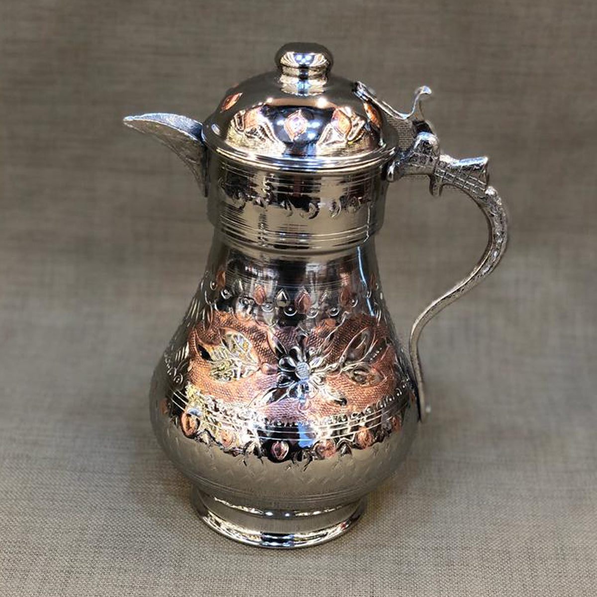 Nickel-Plated Copper Pitcher with Red and White Floral Etching