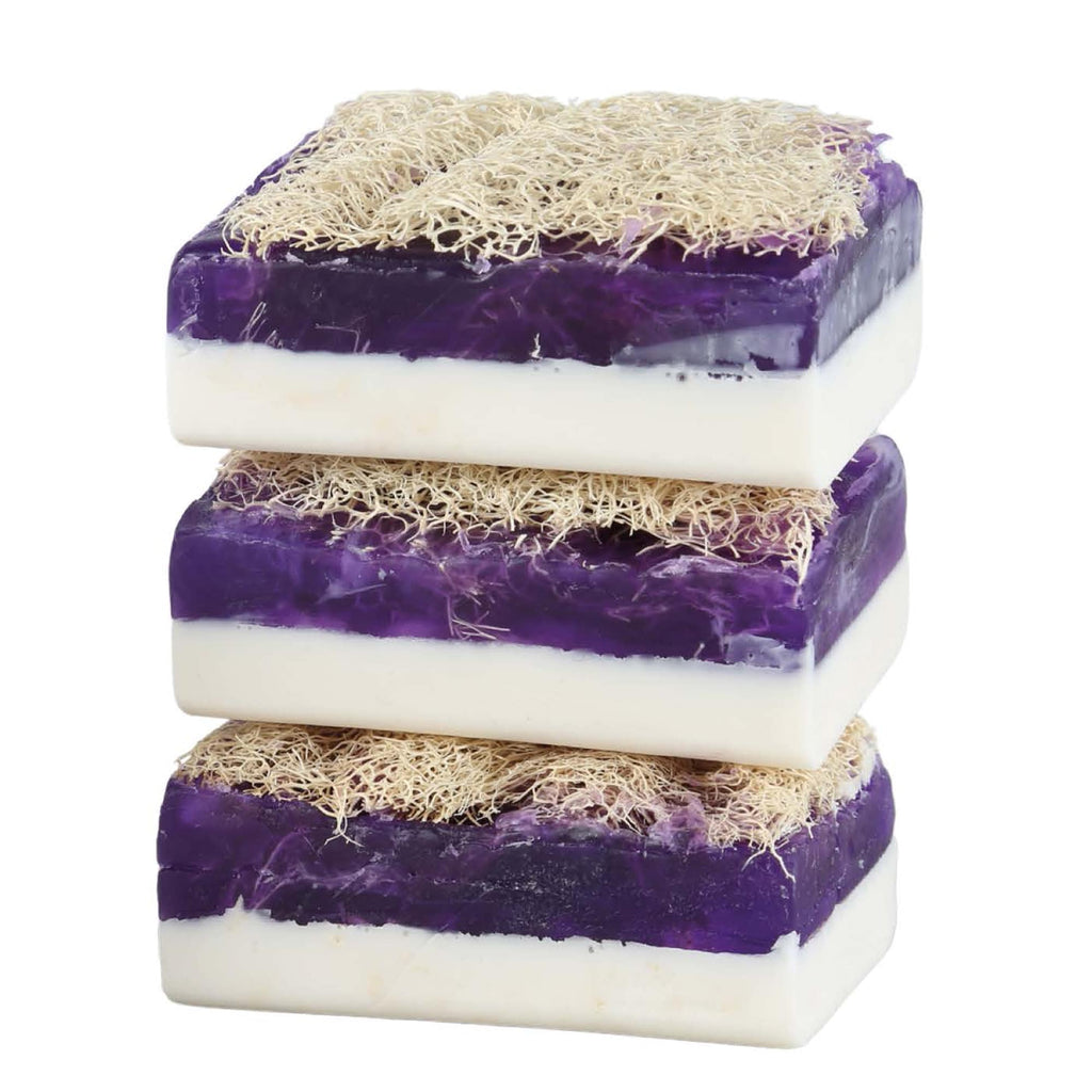 Oval loofah soap bar with calming lavender aroma
