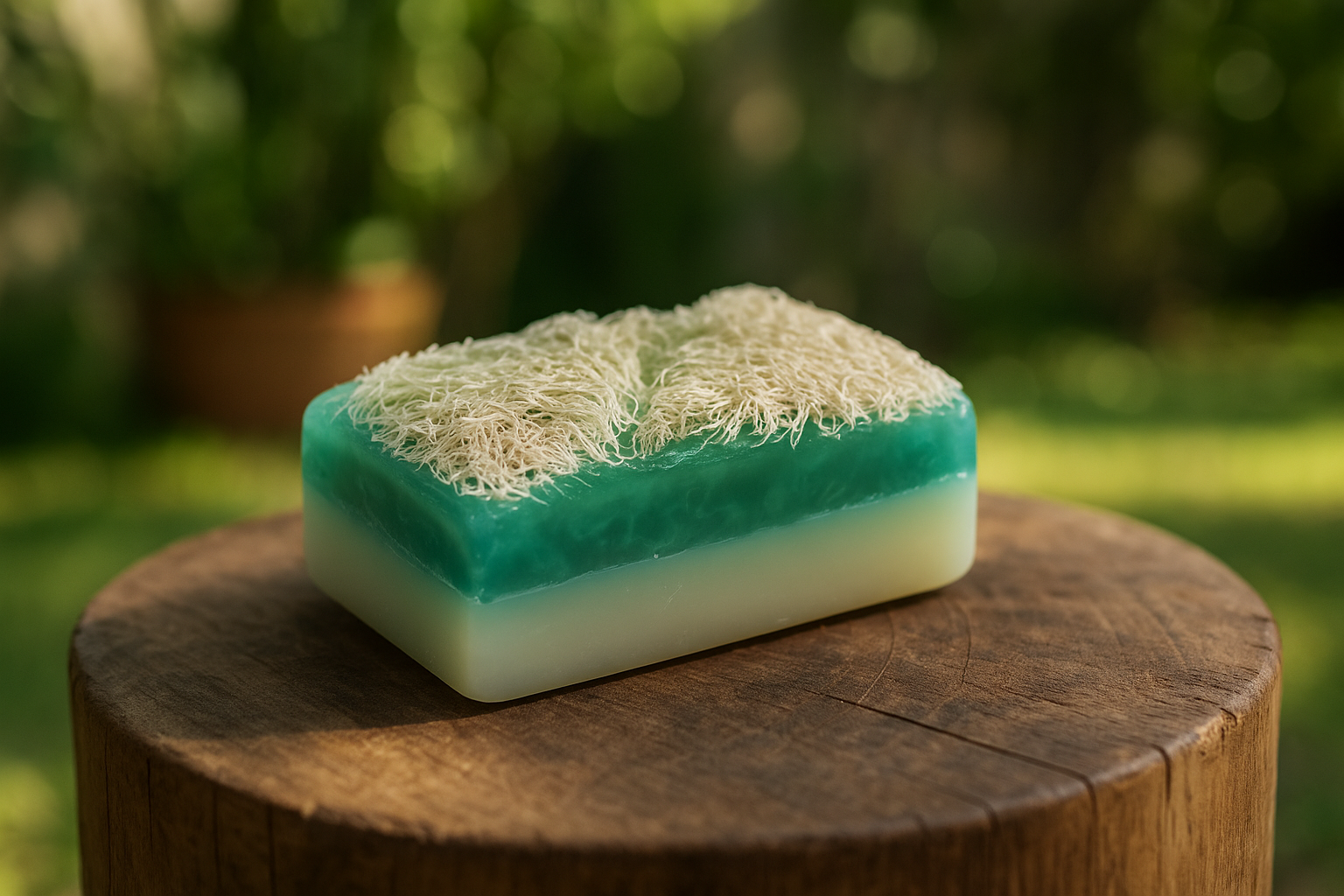 Oval loofah soap with uplifting herbal aroma