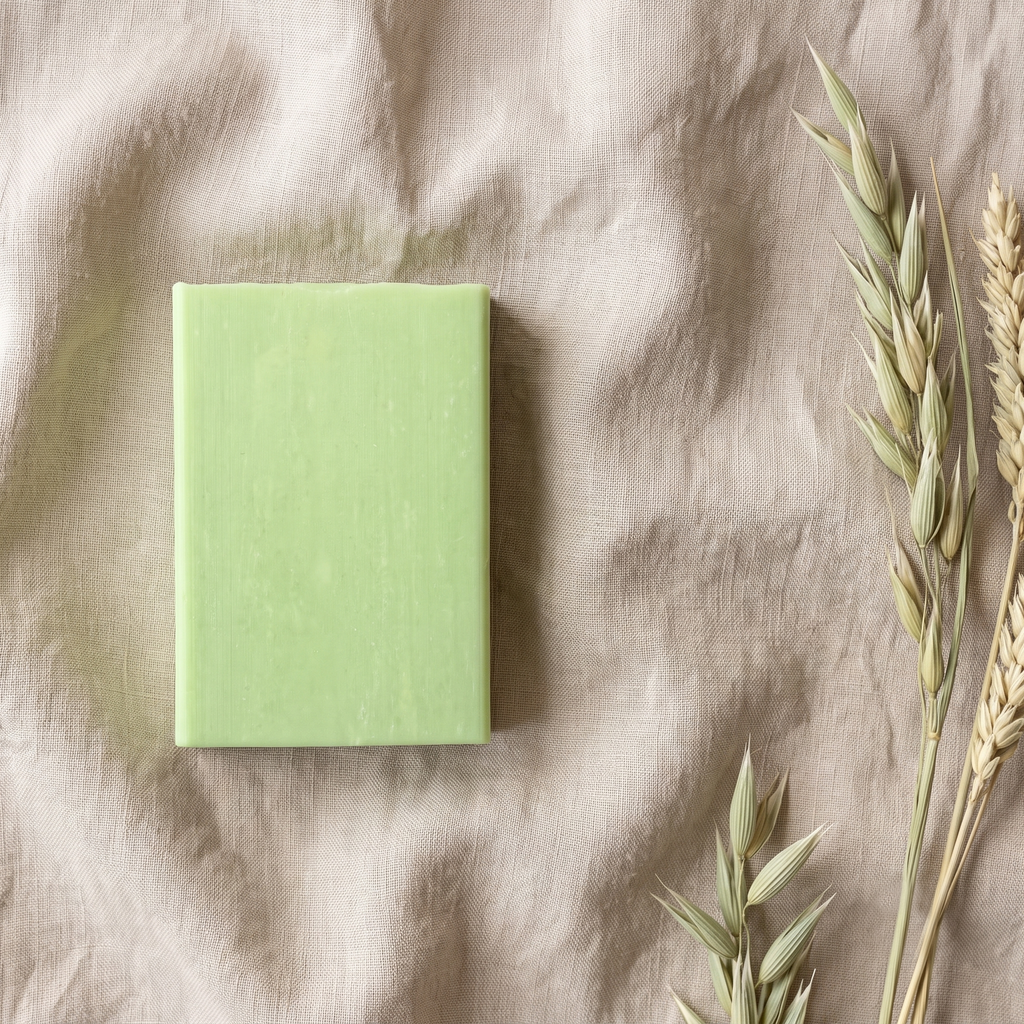 Overhead flat-lay of Aloe Vera Soap on wrinkled natural linen with dried botanicals