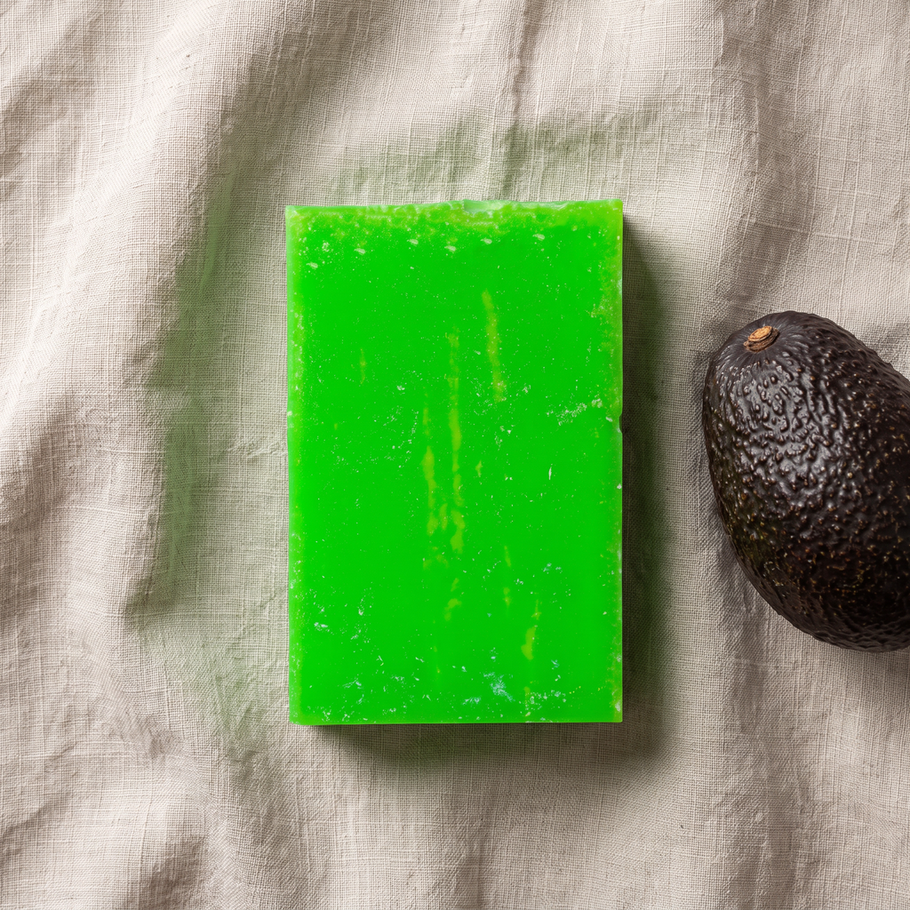 Overhead flat-lay of Avocado Oil Soap Bar on wrinkled natural linen with a whole avocado