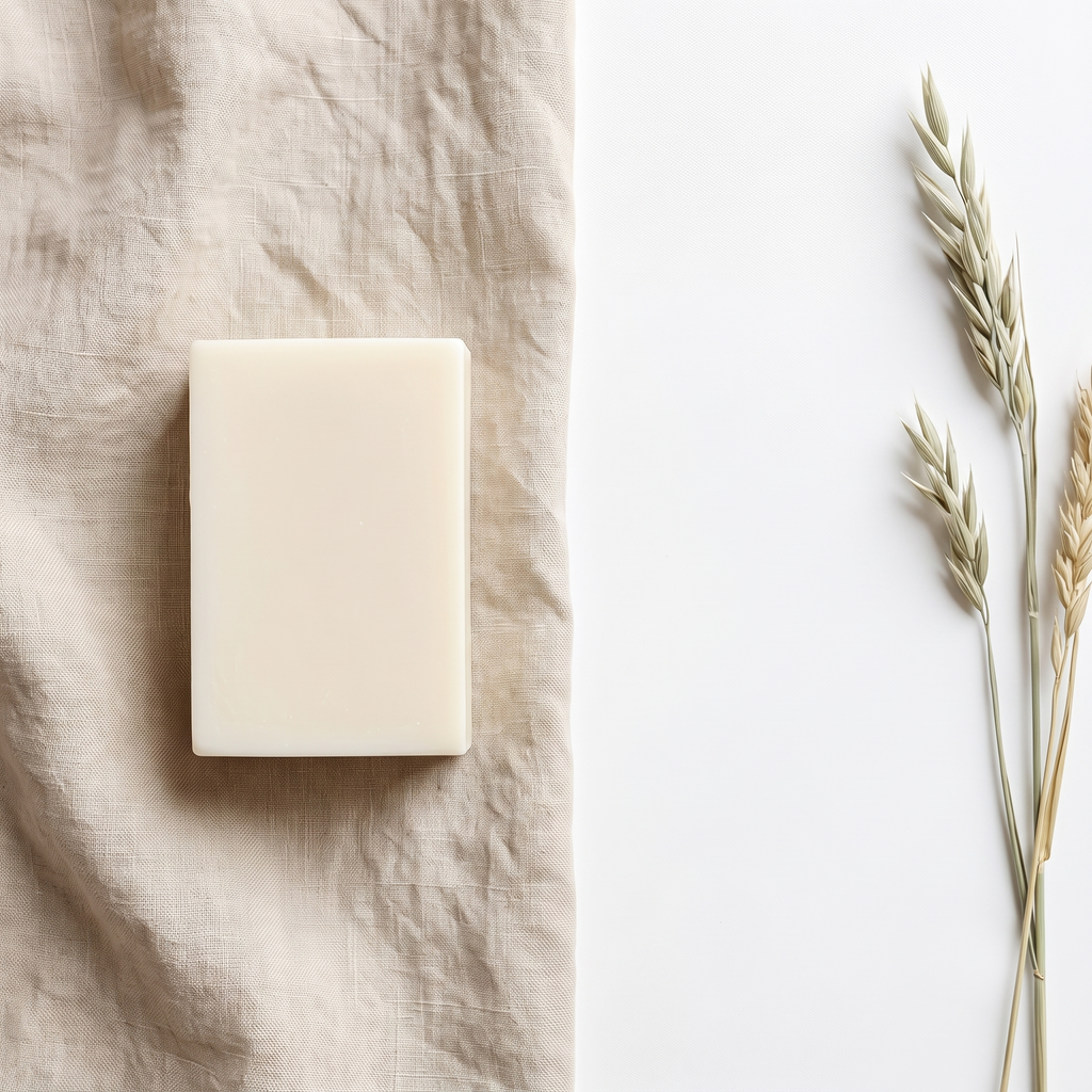 Overhead flat-lay of Donkey Milk Soap on wrinkled natural linen with dried botanicals