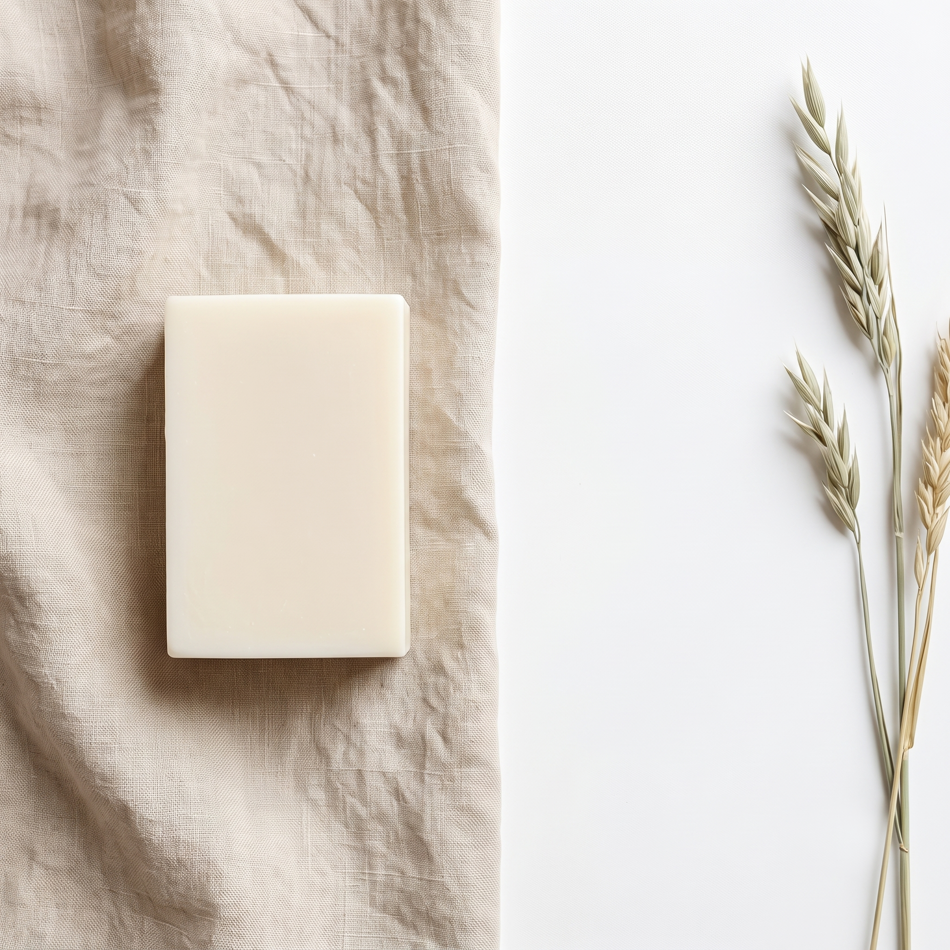 Overhead flat-lay of Donkey Milk Soap on wrinkled natural linen with dried botanicals