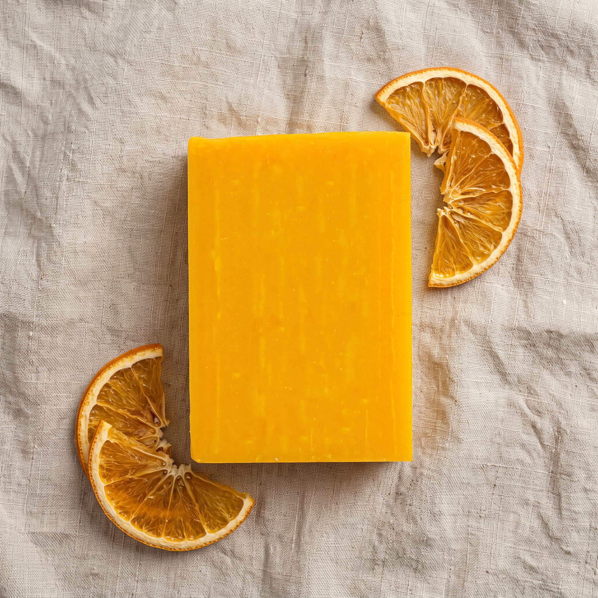 Avlia Glycolic Acid & Orange Soap Bar flat-lay on natural linen with dried orange slices