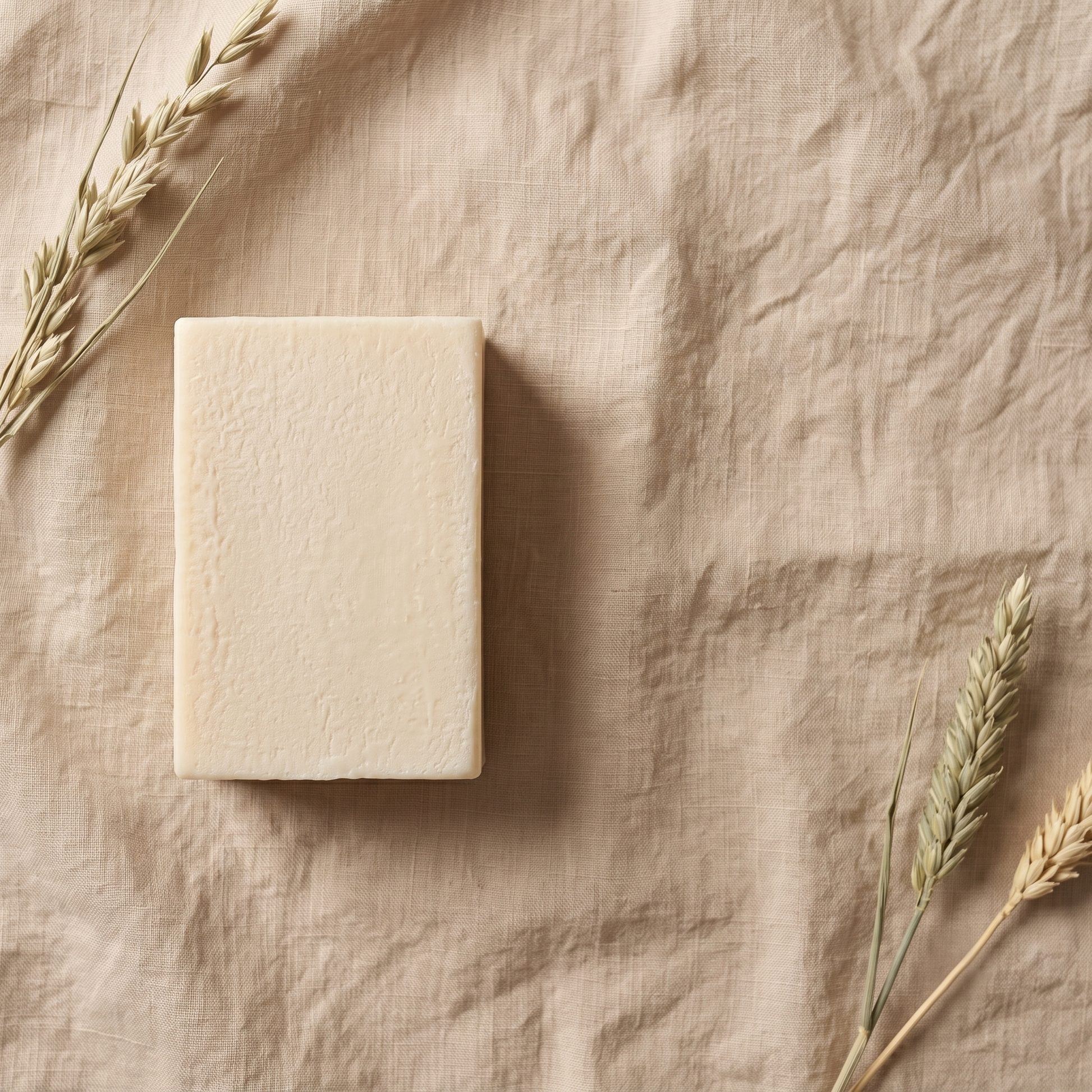 Overhead flat-lay of Goat Milk Soap on wrinkled natural linen with dried botanicals