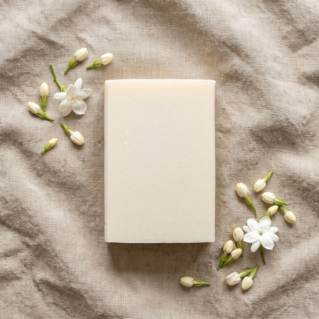 Overhead flat-lay of Jasmine Soap Bar on wrinkled natural linen with fresh jasmine buds and blossoms