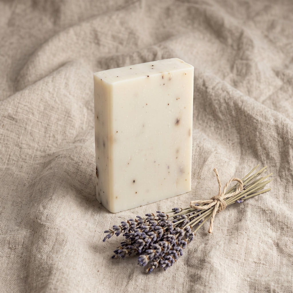 Overhead flat-lay of Lavender Soap Bar on wrinkled natural linen with a tied bundle of dried lavender stems