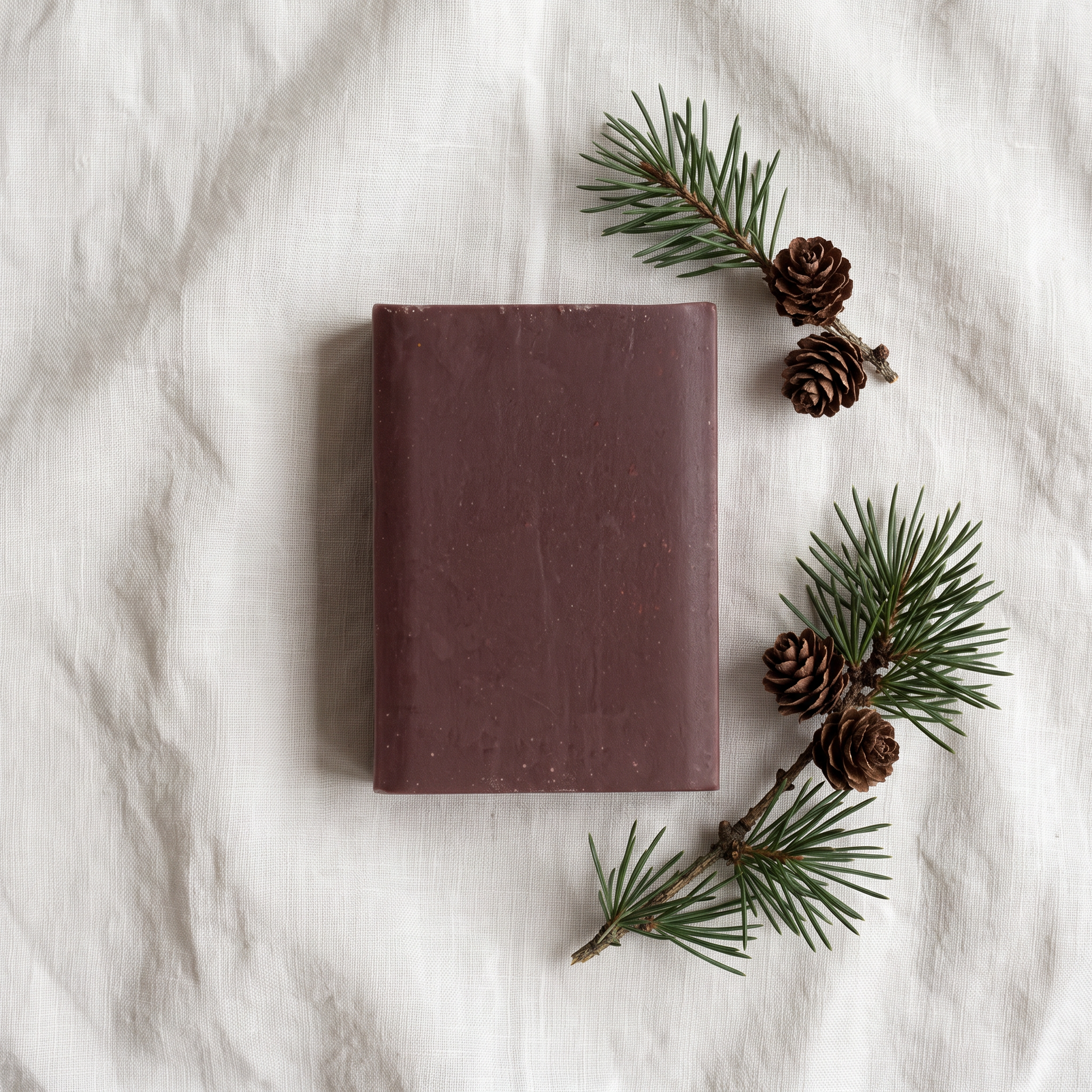 Overhead flat-lay of Pine Tar Soap Bar on wrinkled natural linen with a pine branch and cones