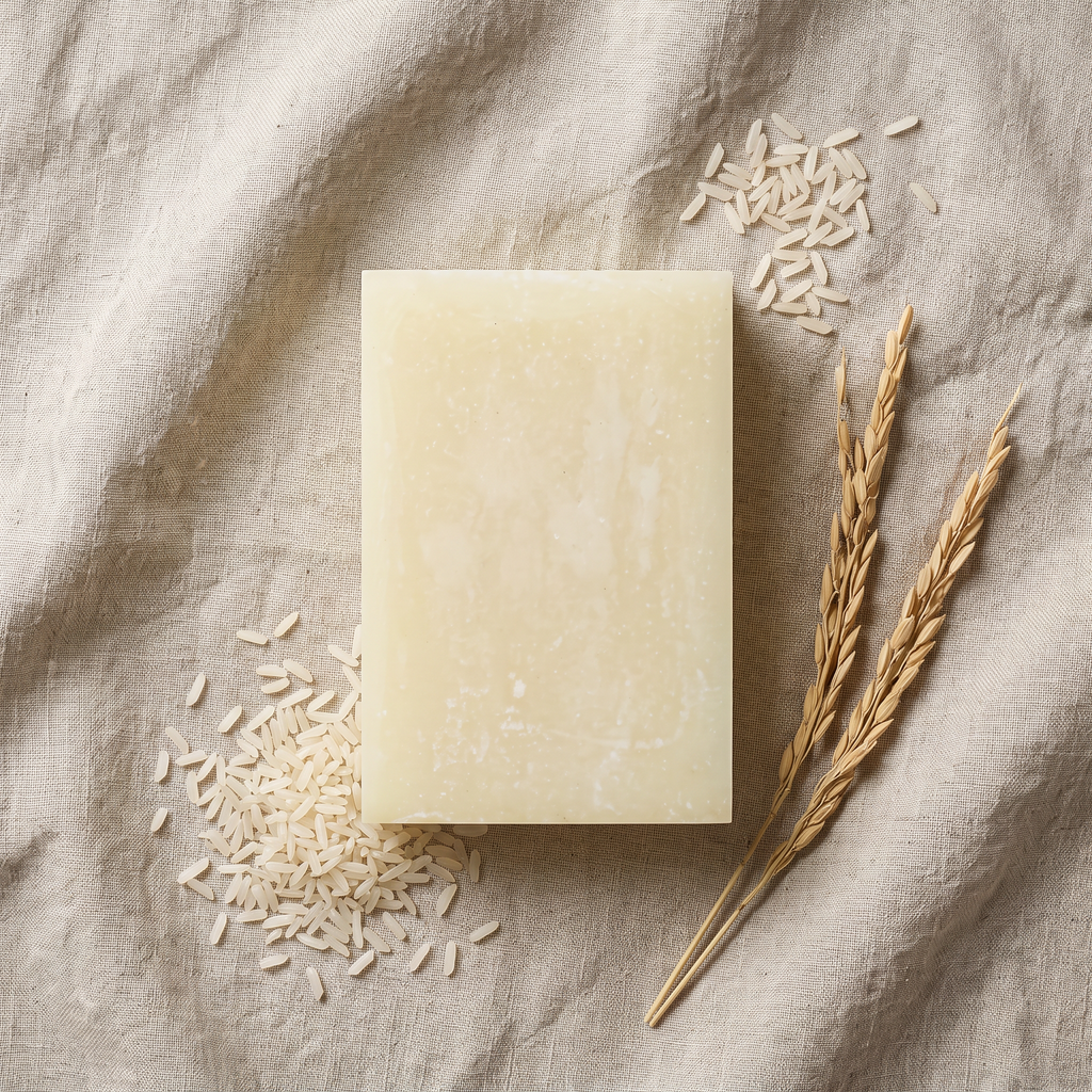 Overhead flat-lay of Rice Soap Bar on wrinkled natural linen with scattered rice grains and dried stalks