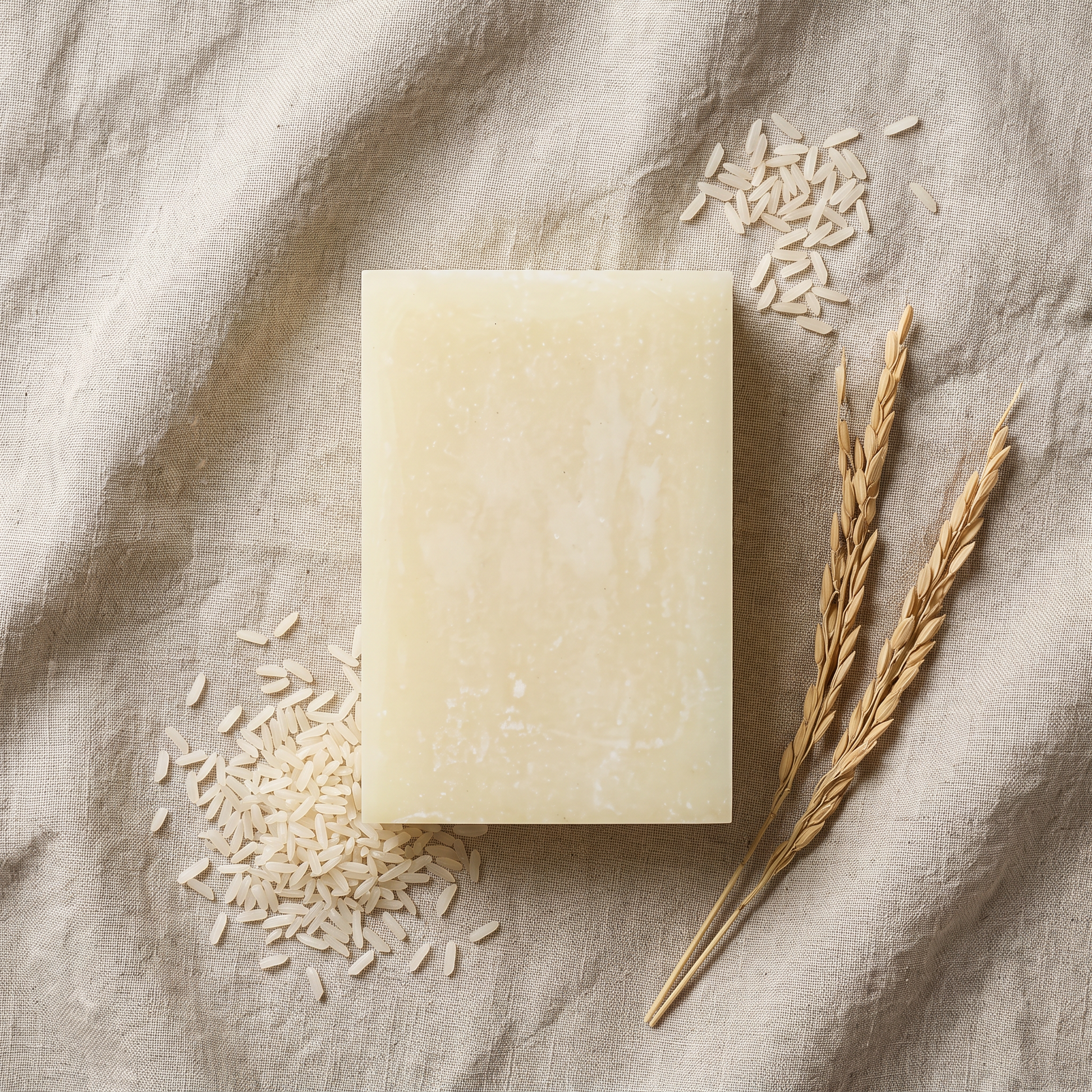 Overhead flat-lay of Rice Soap Bar on wrinkled natural linen with scattered rice grains and dried stalks