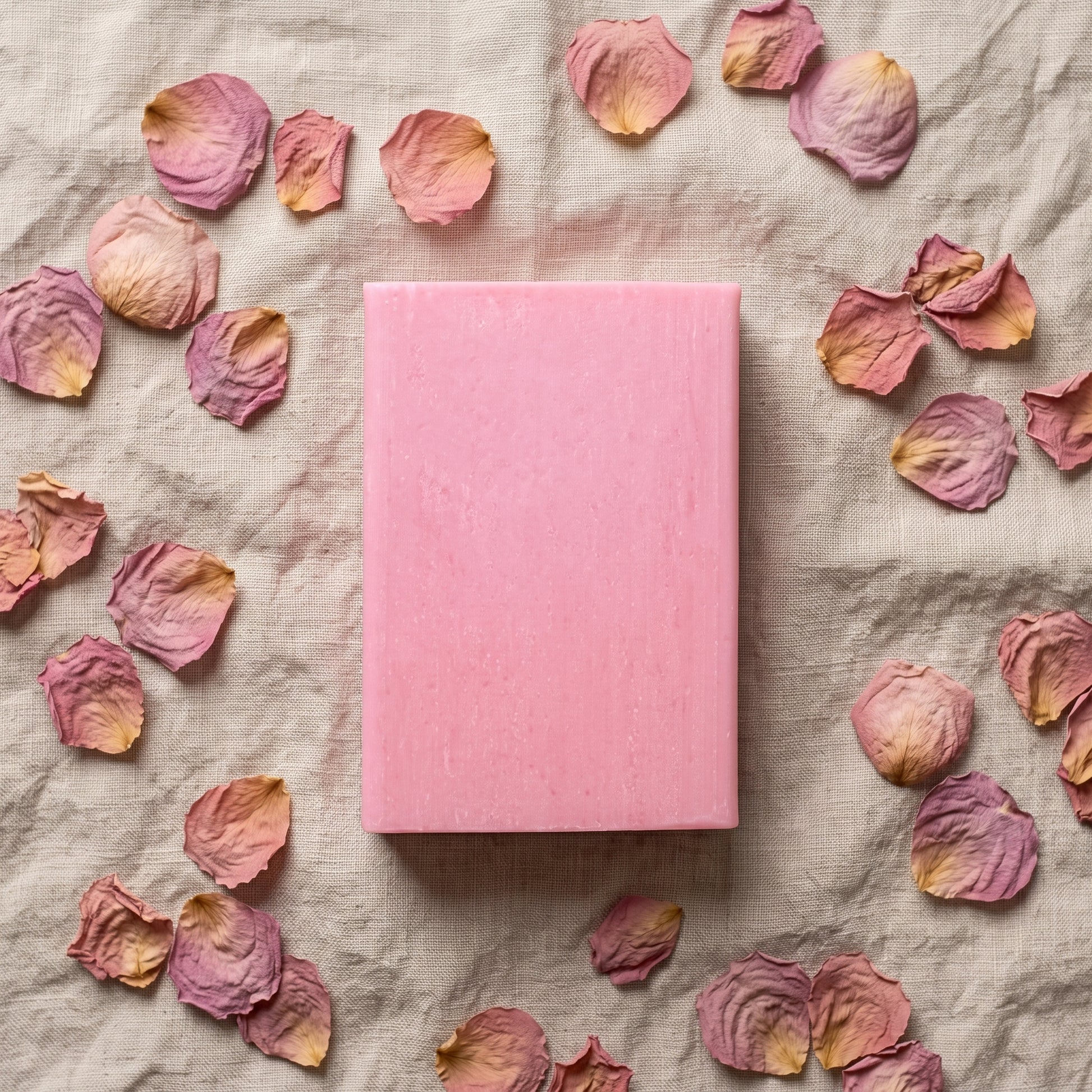 Overhead flat-lay of Rose Soap Bar on wrinkled natural linen surrounded by scattered dried rose petals