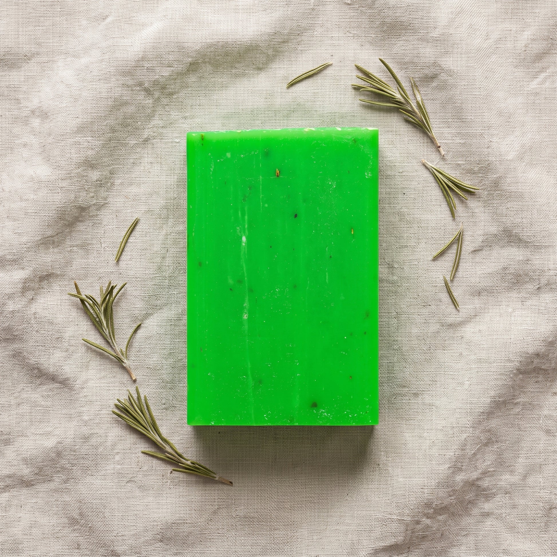 Overhead flat-lay of Rosemary Soap Bar on wrinkled natural linen with dried rosemary sprigs