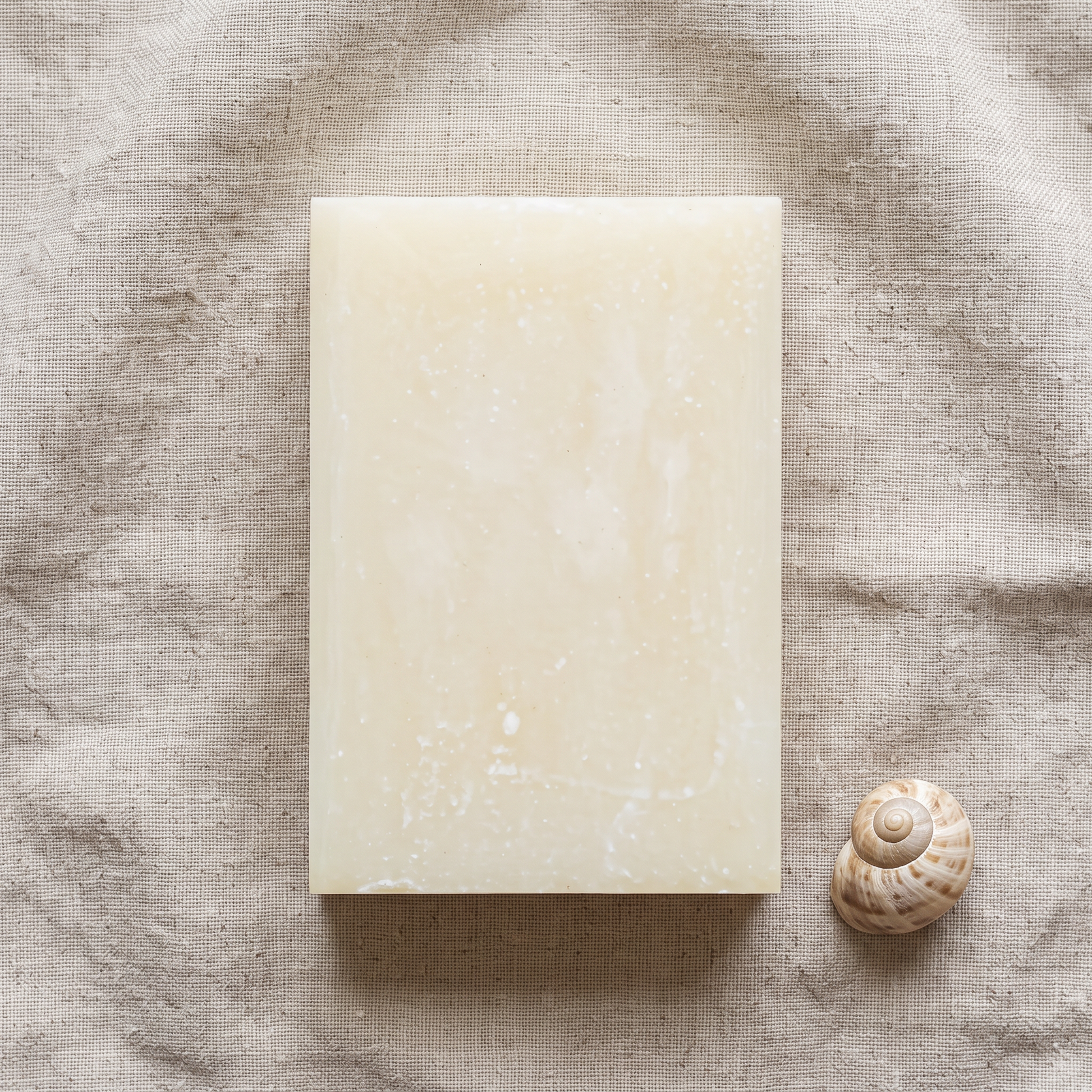 Avlia Snail Mucin Soap Bar flat-lay on natural linen with decorative snail shell