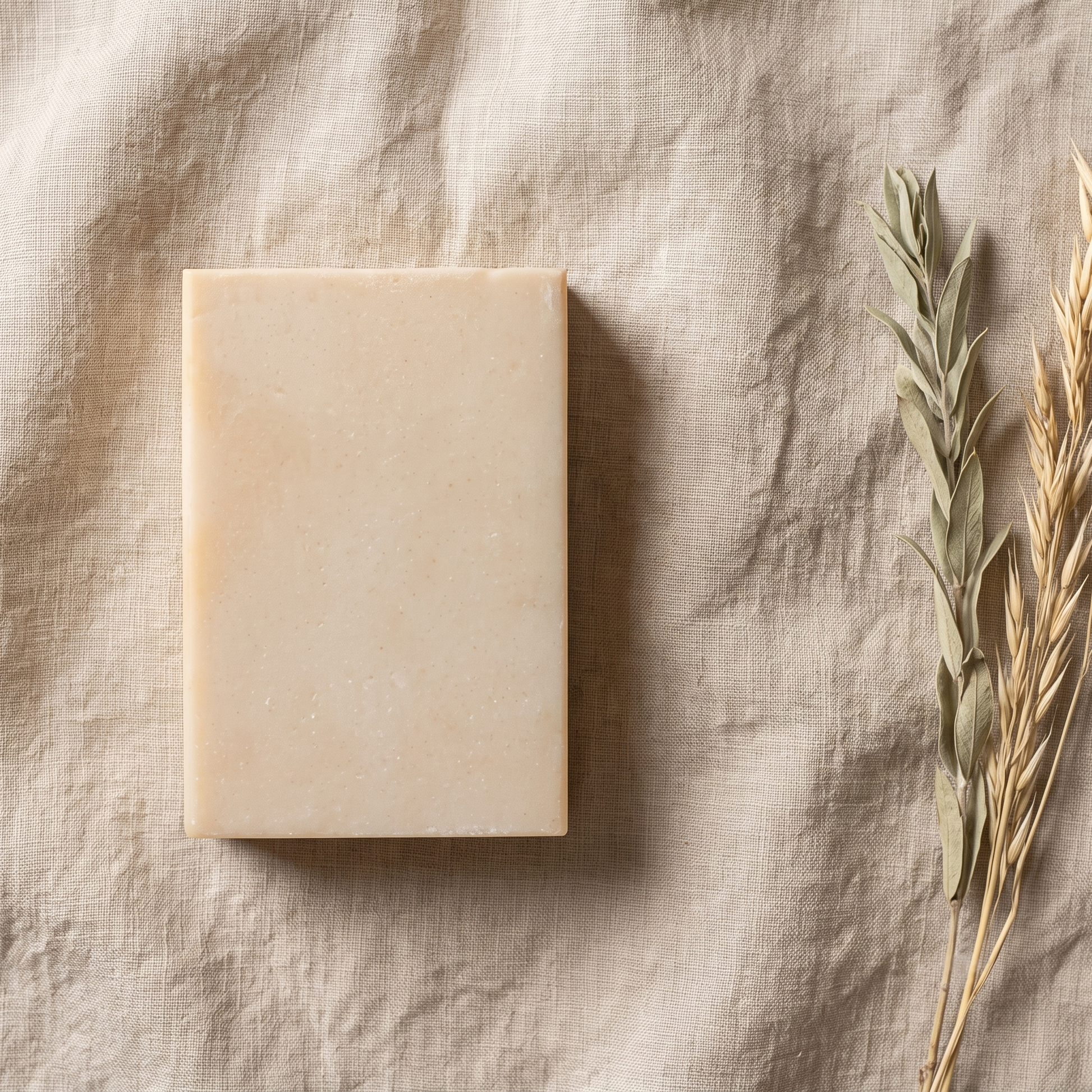 St. John's Wort Soap Bar flat-lay on wrinkled linen with dried botanical stems, apothecary-style editorial