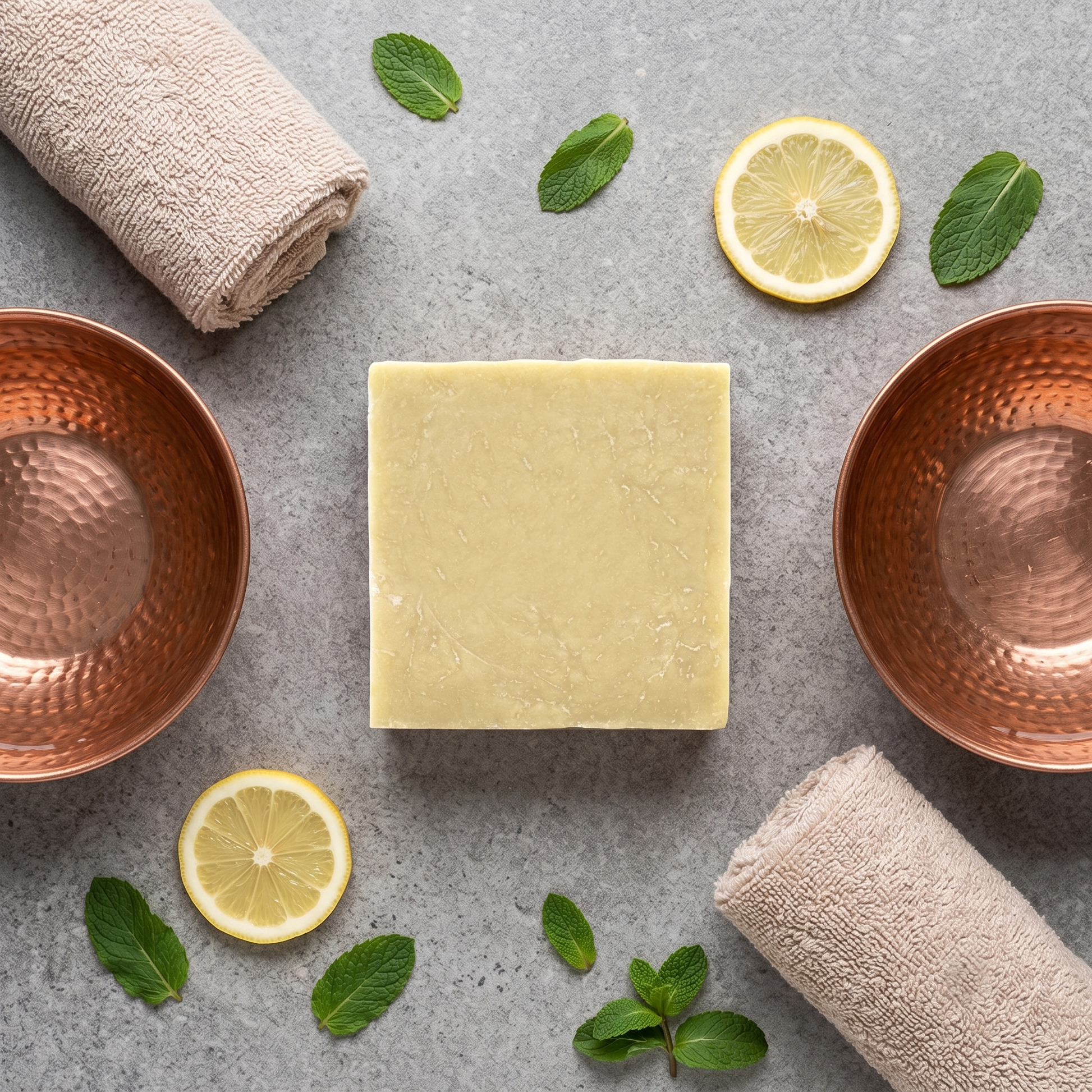 Overhead spa flat lay with Avlia Turkish Hammam Soap, copper bowl, towels, lemon and mint — Turkish hammam ritual styling