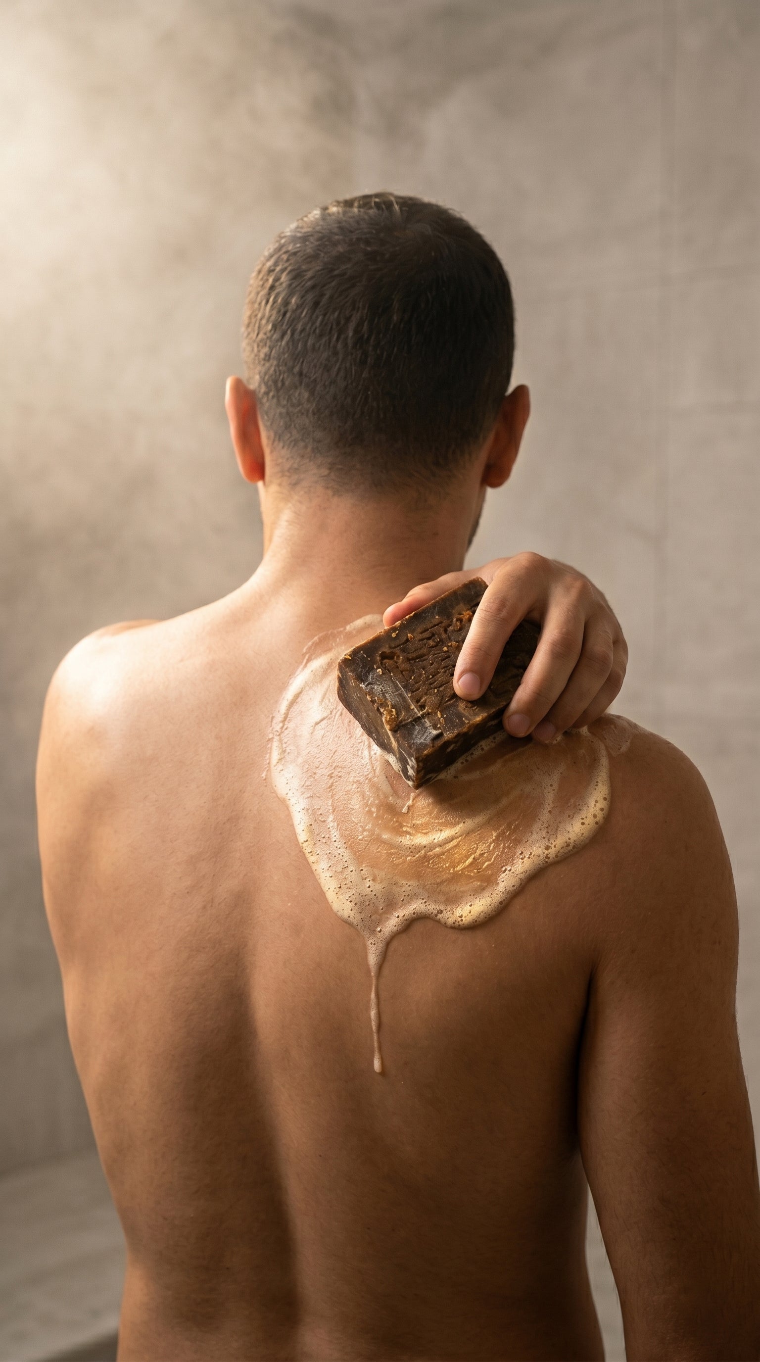Person using Avlia Aleppo Soap bar on shoulders in hammam spa setting, traditional Turkish bath ritual with natural handmade olive oil and laurel soap