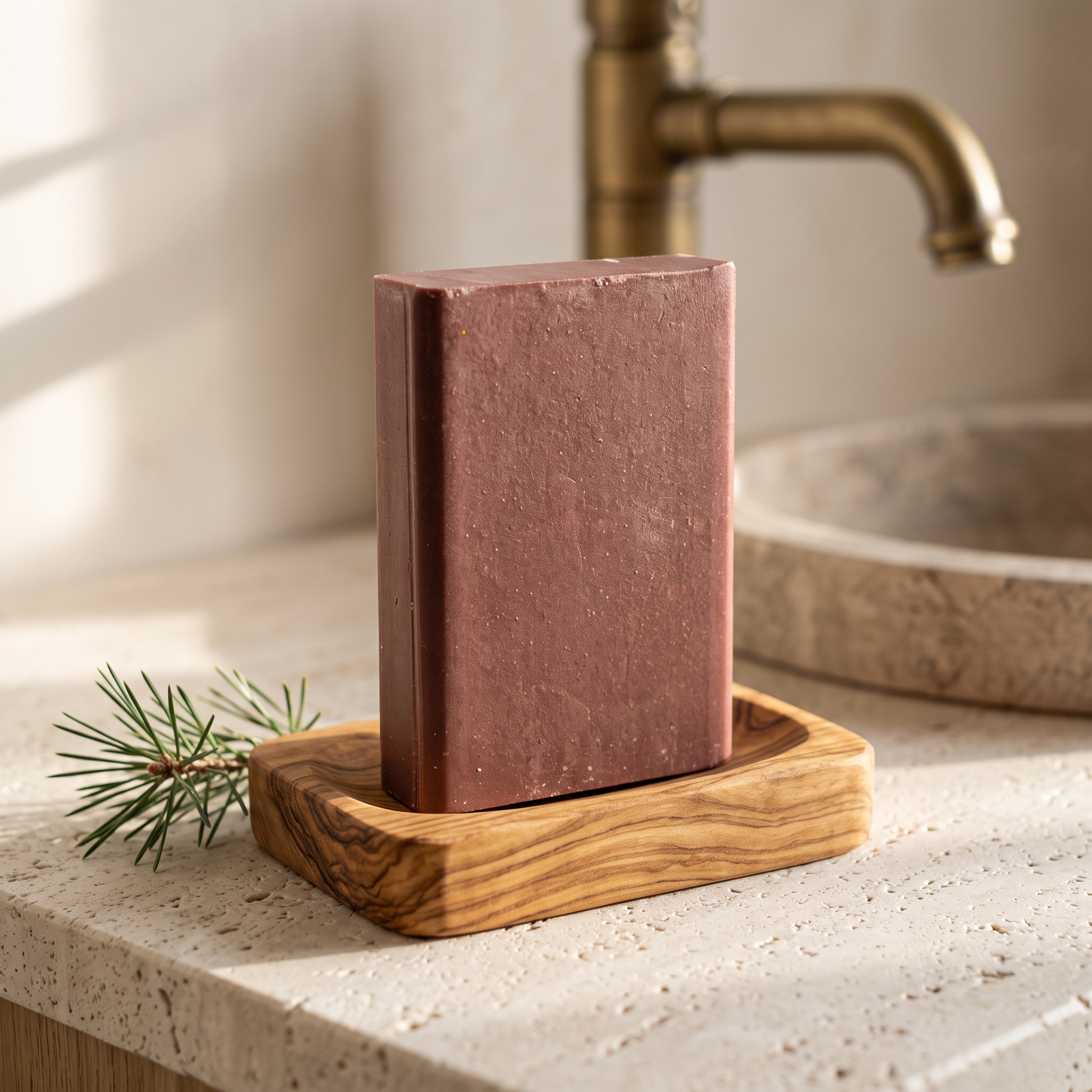 Pine Tar Soap Bar in an olive wood soap dish beside a small pine branch on a stone vanity