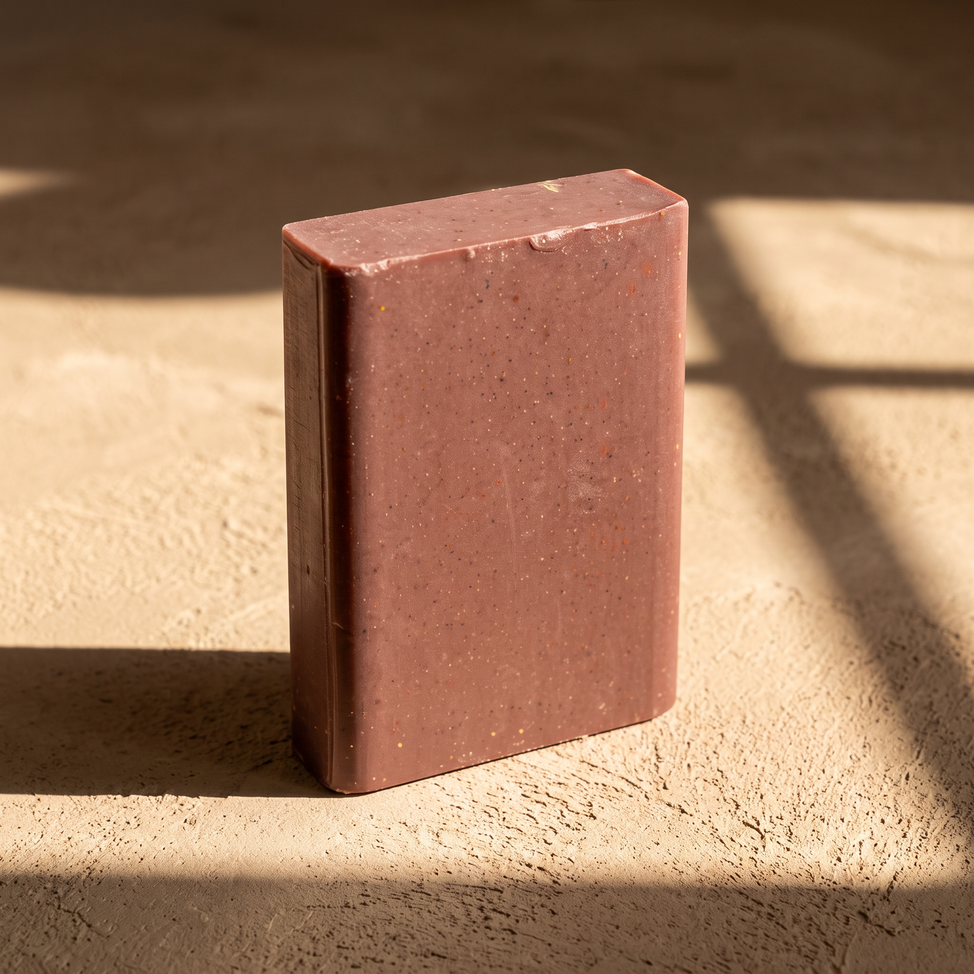 Pine Tar Soap Bar in hard afternoon sunlight on sand plaster, cut by geometric window shadows