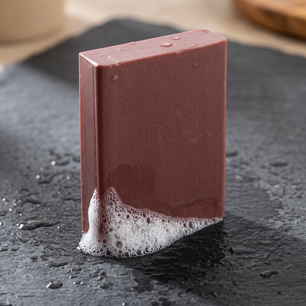 Pine Tar Soap Bar lathering on wet grey stone with dense white foam along one edge