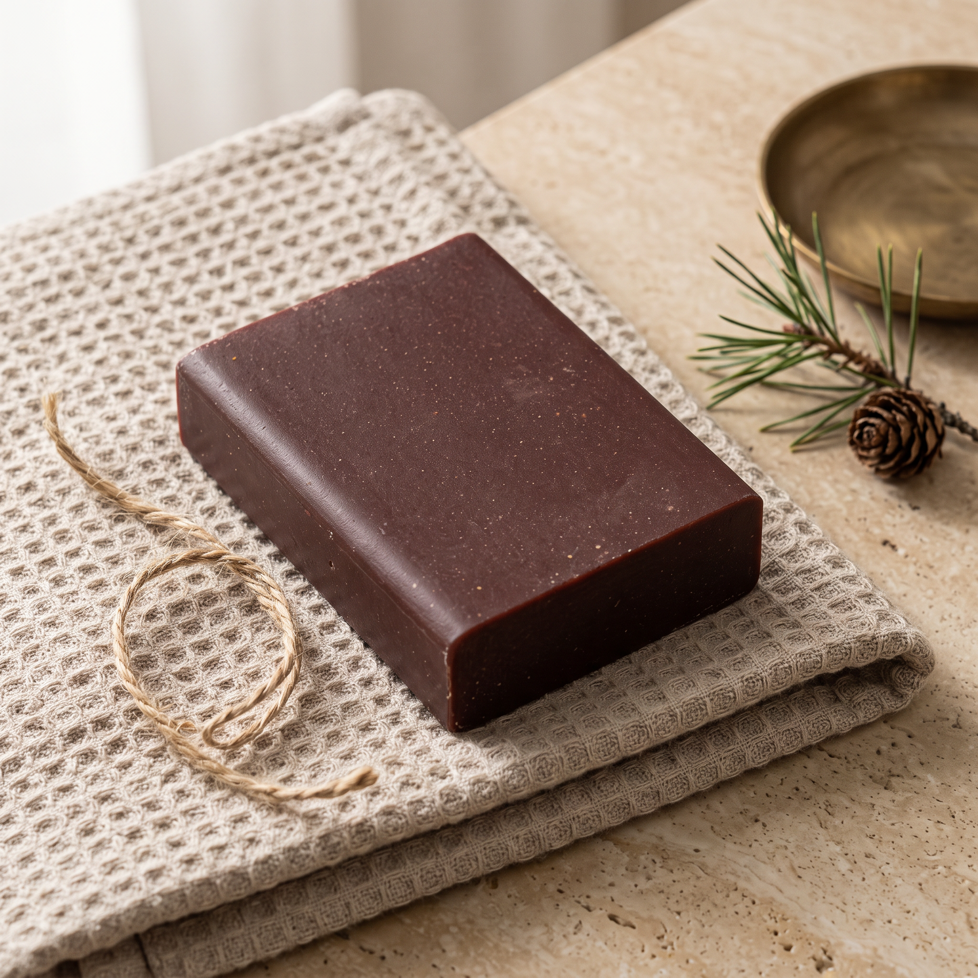 Pine Tar Soap Bar on a folded cotton waffle towel with a loop of jute twine, styled as a gift
