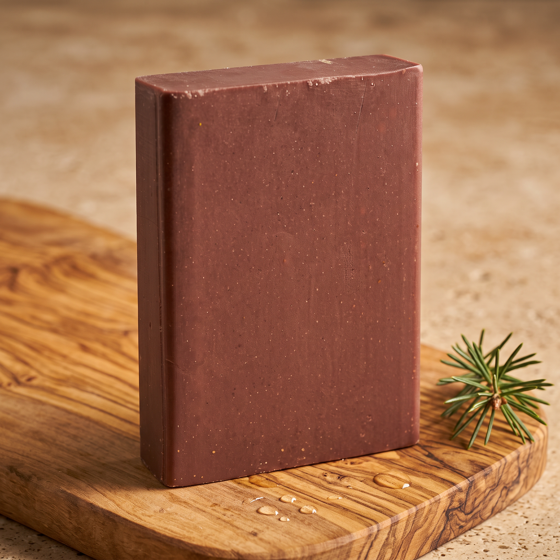 Pine Tar Soap Bar on a rustic olive wood board with water droplets across the grain