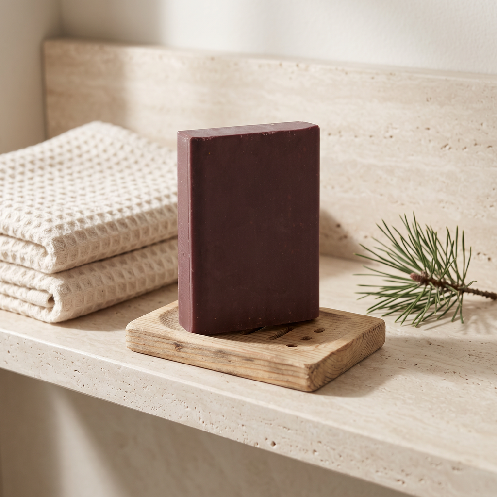 Pine Tar Soap Bar on a stone bathroom shelf beside a folded waffle cotton towel