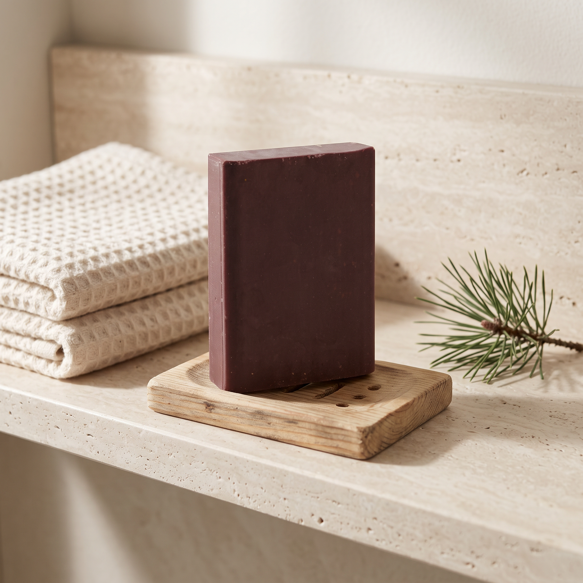 Pine Tar Soap Bar on a stone bathroom shelf beside a folded waffle cotton towel