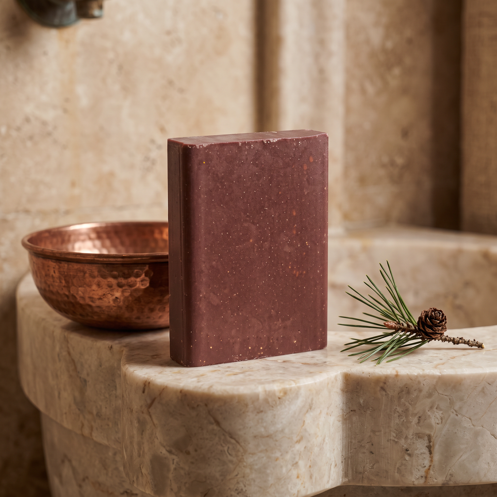 Pine Tar Soap Bar on the marble edge of a Turkish hammam basin with a hammered copper bowl