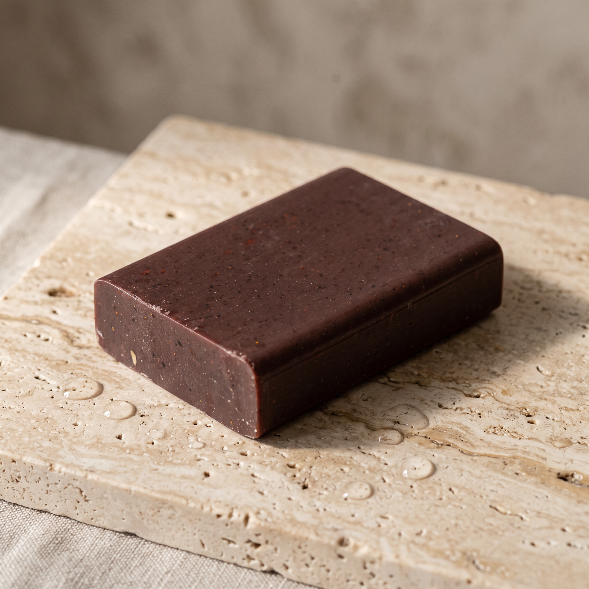 Pine Tar Soap Bar resting on a travertine stone slab scattered with water droplets