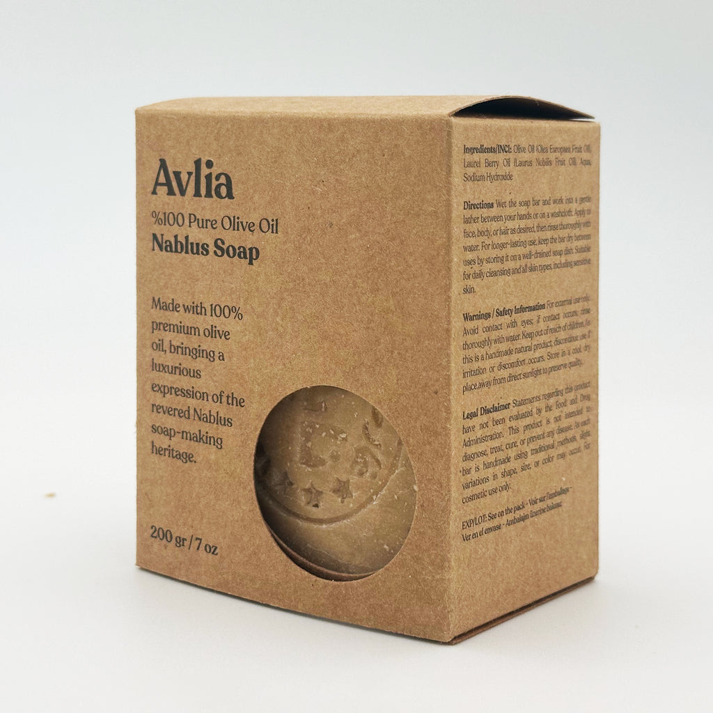Rear view of Avlia soap packaging showing ingredients list and usage directions Portrait
