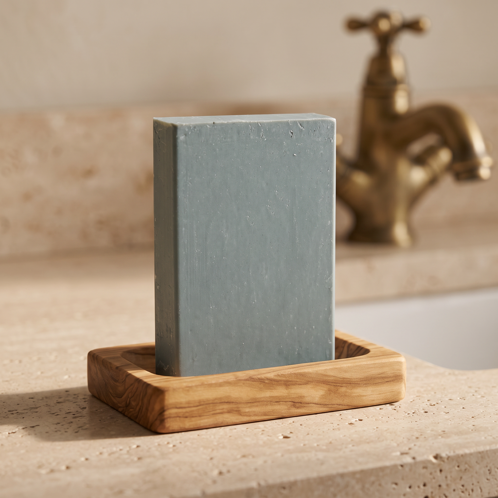 Avlia Retinol Soap Bar in olive wood soap dish, plain and clinical