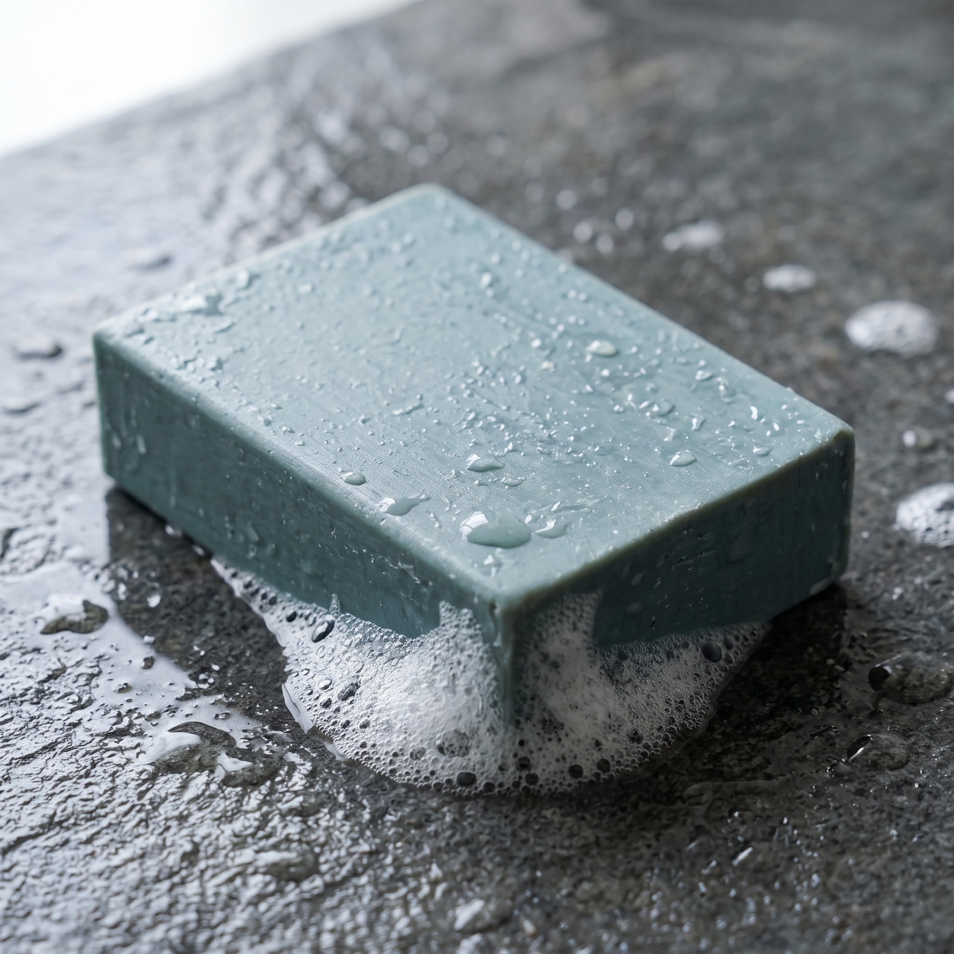 Avlia Retinol Soap Bar lathering with dense white foam on wet stone