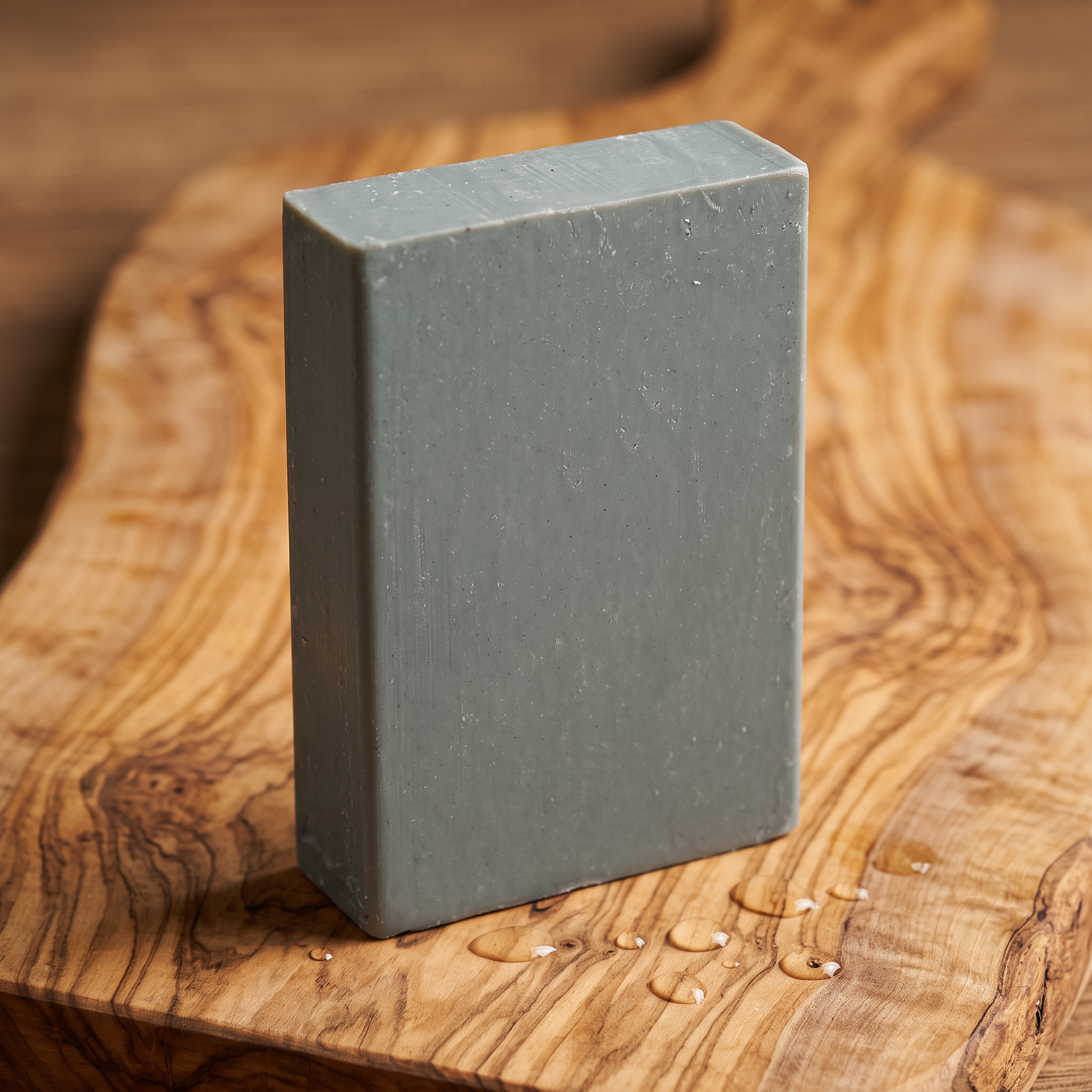 Avlia Retinol Soap Bar on rustic olive wood board with water droplets